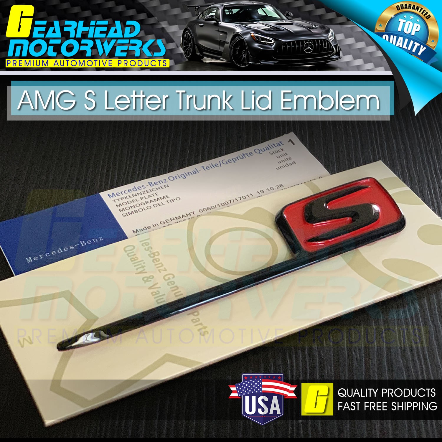 AMG S Letter Trunk Emblem Gloss Black Red 3D Badge for Benz 2019 C63S E63 C43