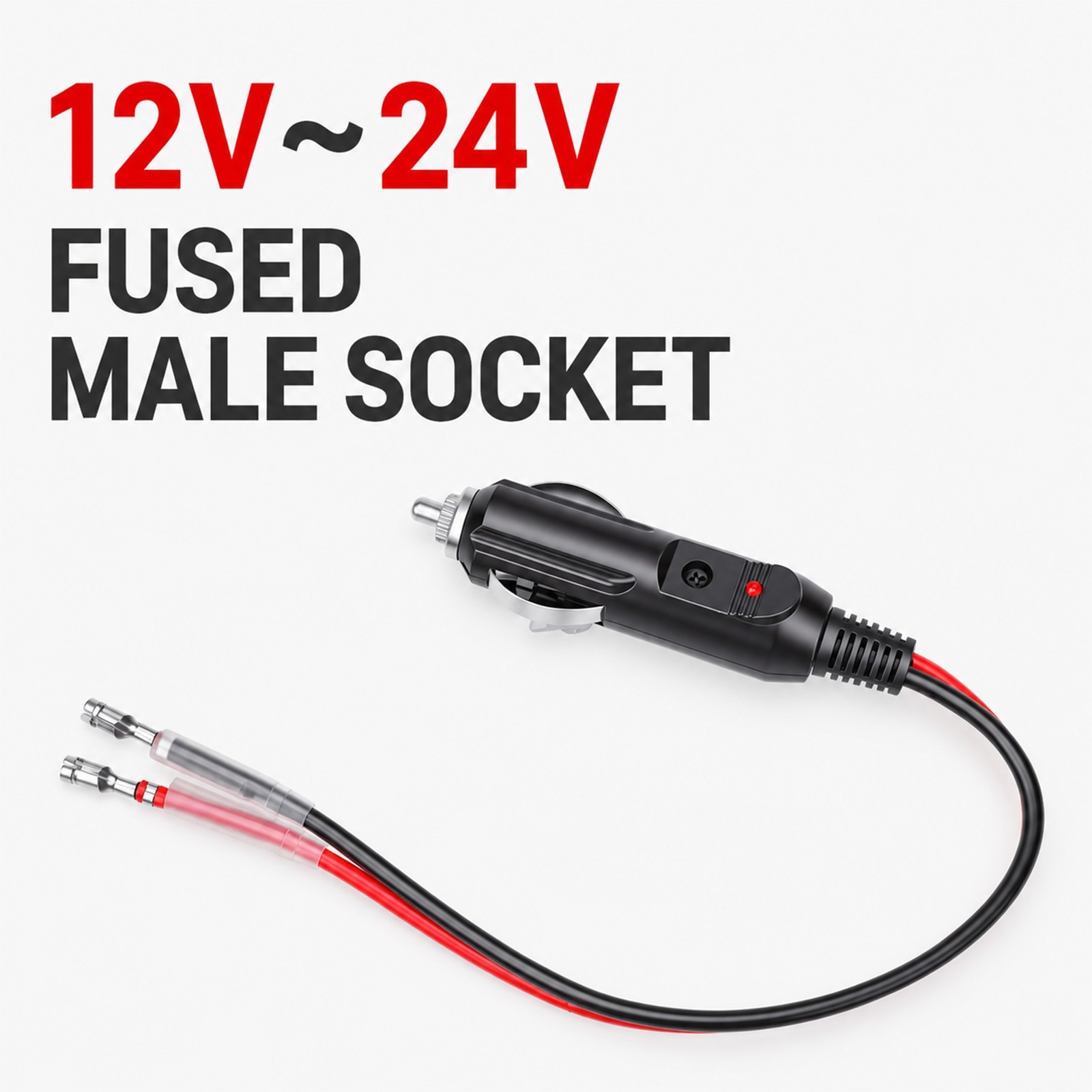 12V Cigarette Lighter Male Plug w/ 15A Fuse & LED, 16AWG, 35cm Cord