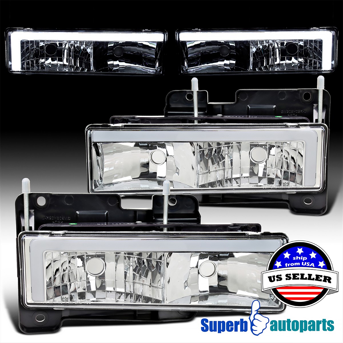 Fit 1988-1998 Chevy GMC C/K 1500 2500 C10 Sierra Silverado Headlights w/ LED Bar Fit 1988-1998 Chevy GMC C/K 1500 2500 C10 Sierra Silverado Headlights w/ LED Bar