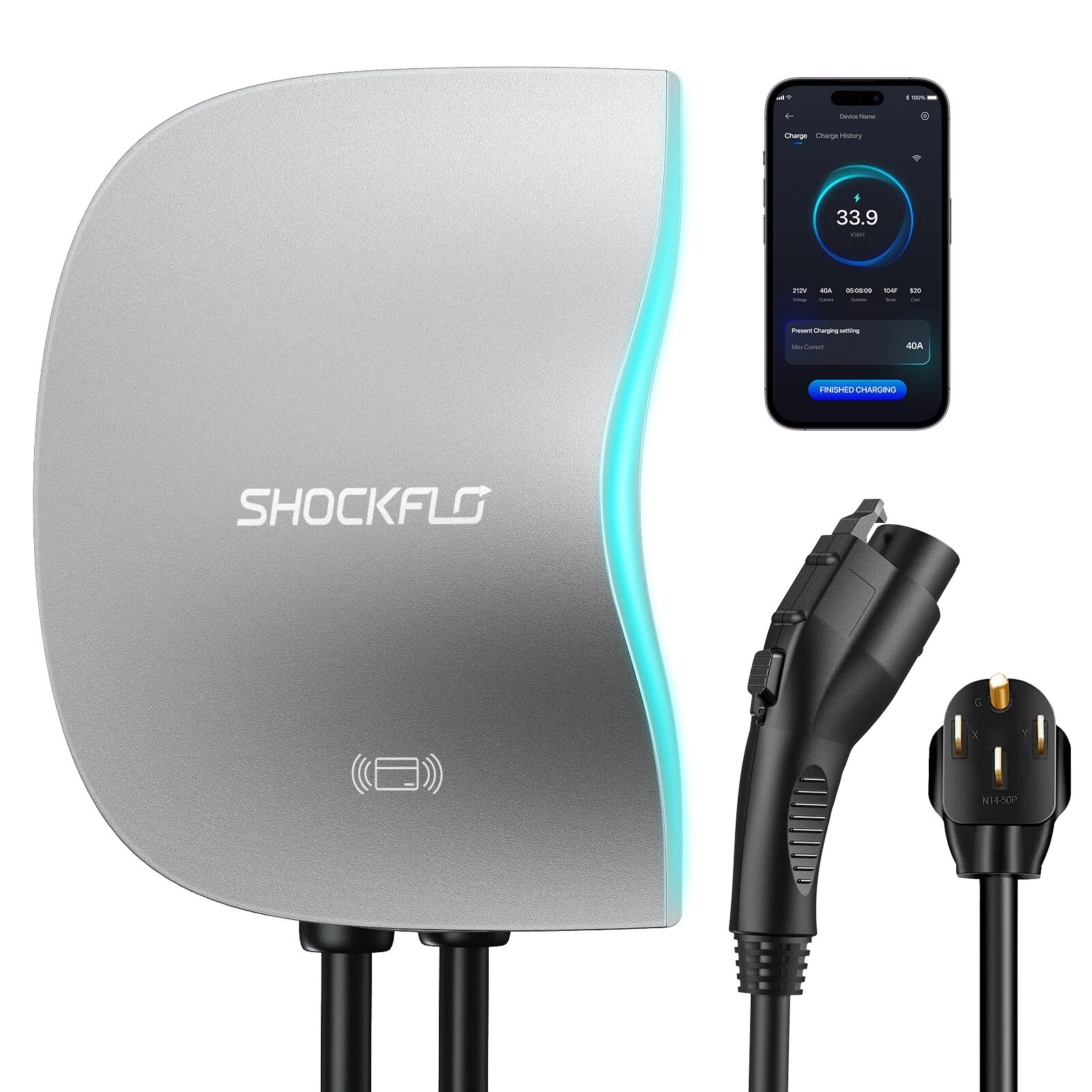 ShockFlo S1 Level 2 EV Charger 40A Cable & RFID 17FT NEMA 14-50 Plug Engery US