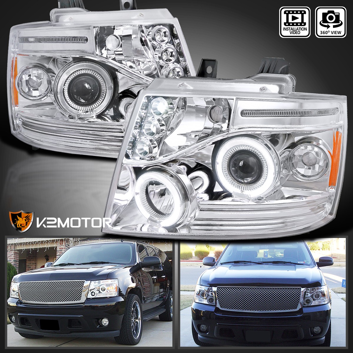 Fits 2007-2014 Chevy Tahoe Suburban Avalanche LED Halo Projector Headlights Lamp Fits 2007-2014 Chevy Tahoe Suburban Avalanche LED Halo Projector Headlights Lamp