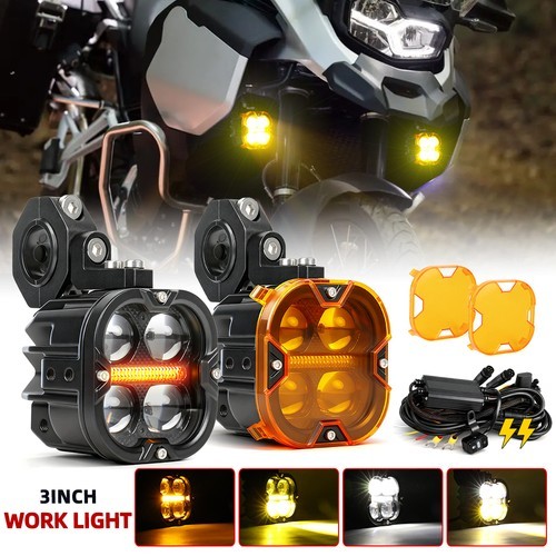 2x Motorcycle LED Driving Fog Lights White Amber Auxiliary Lights Spotlights