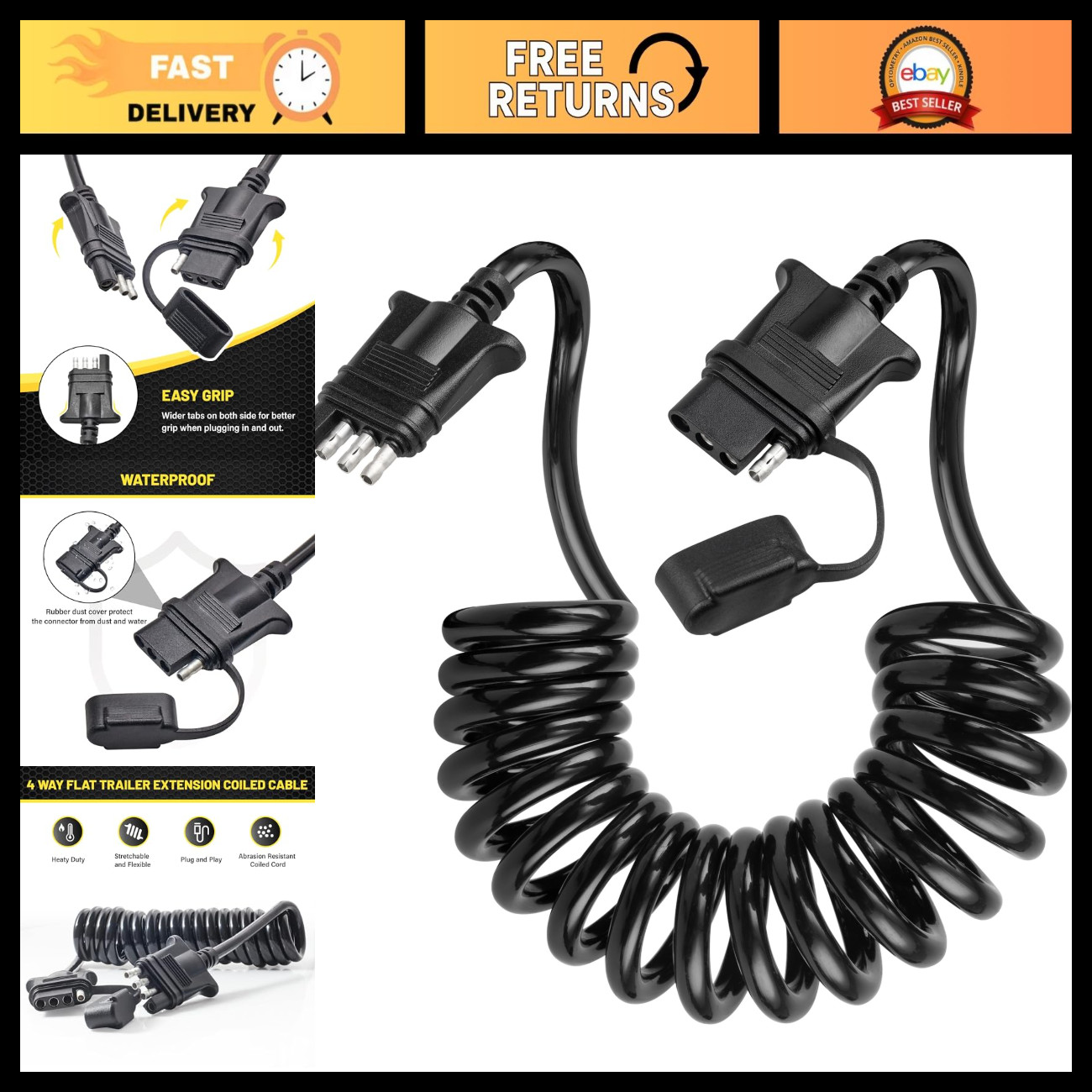 4 Pin Trailer Extension Coiled Cable 7.5FT - 18AWG Pure Copper Wire, Vehicle & T 4 Pin Trailer Extension Coiled Cable 7.5FT - 18AWG Pure Copper Wire, Vehicle & T