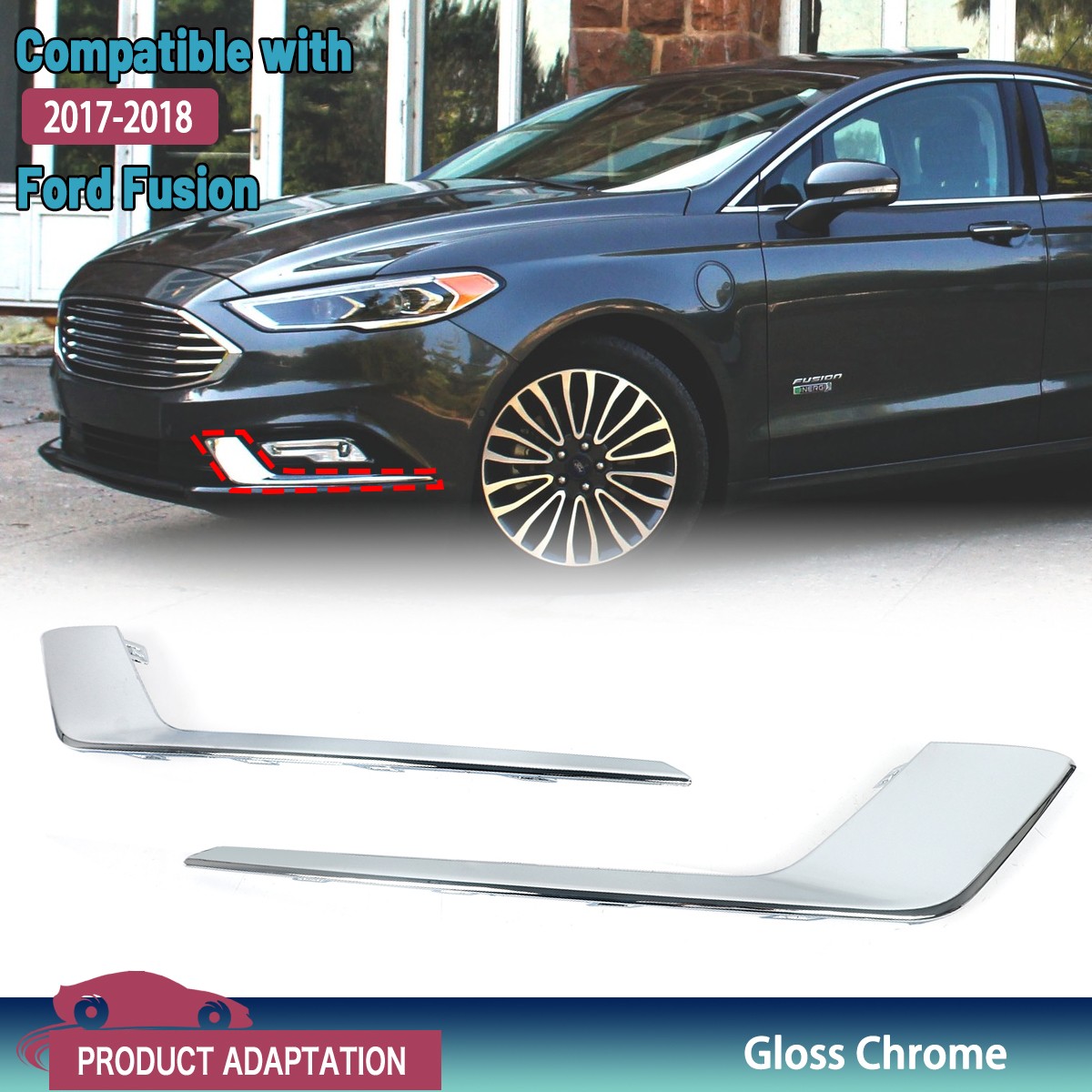 Pair New For 2017 2018 Ford Fusion Chrome Front Bumper Fog Light Lamp Strip Trim