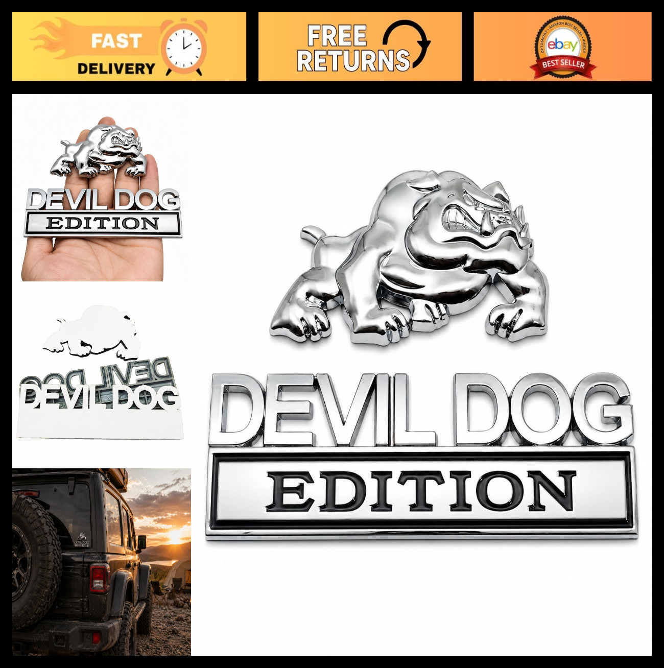3D Metal Emblem Badge - Navy Devil Dog Bulldog, Silver & Black, Car Decor, Gift
