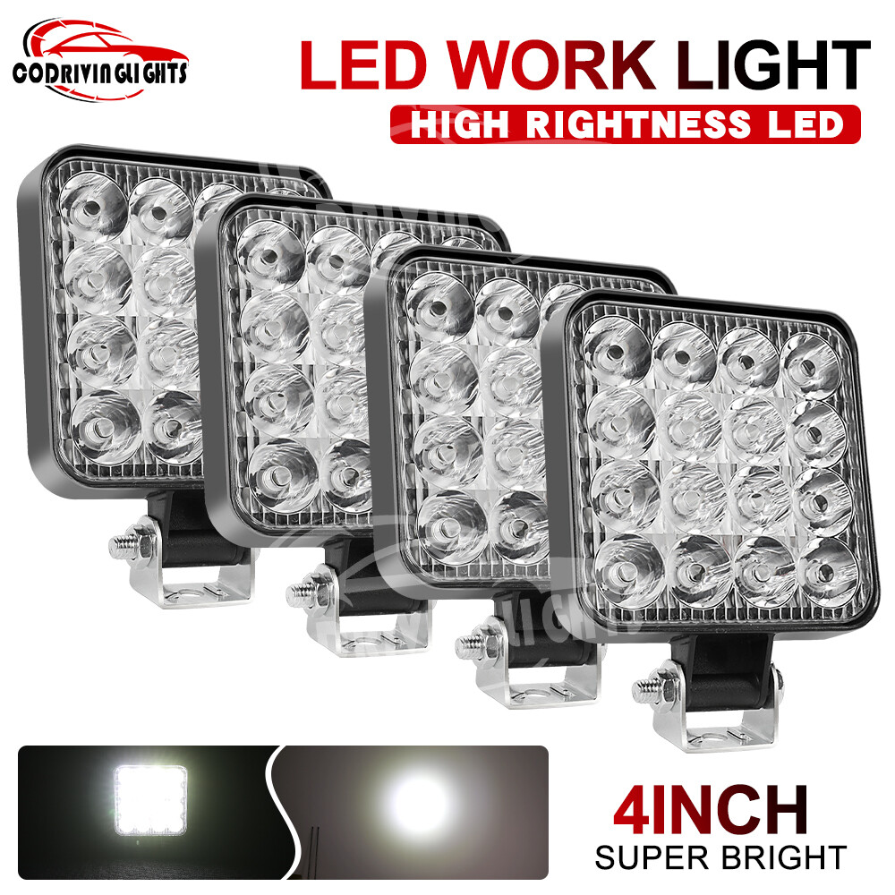 4Pcs 48W LED Work Light Truck OffRoad Tractor Flood Lights 12V Square 3.3 Inch