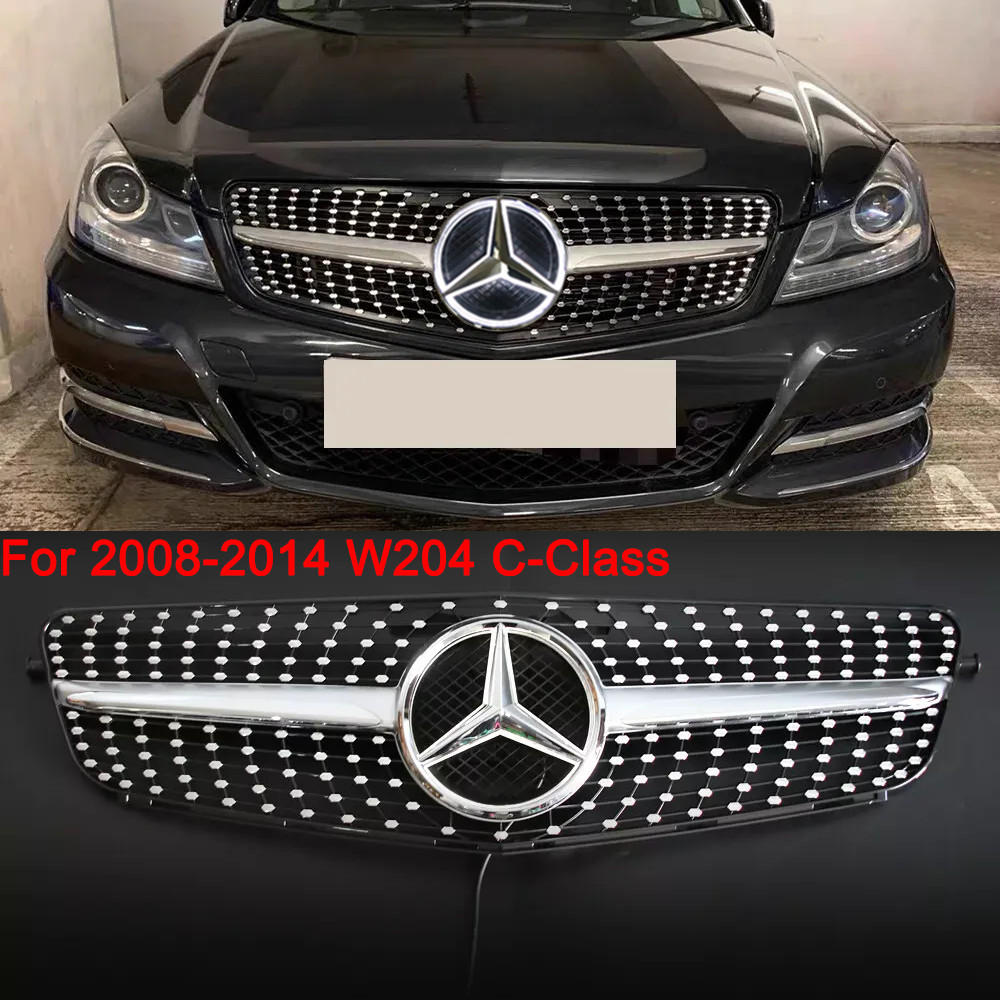 For Mercedes Benz W204 C-Class C250 C300 2008-2014 W/LED Star Chrome Front Grill