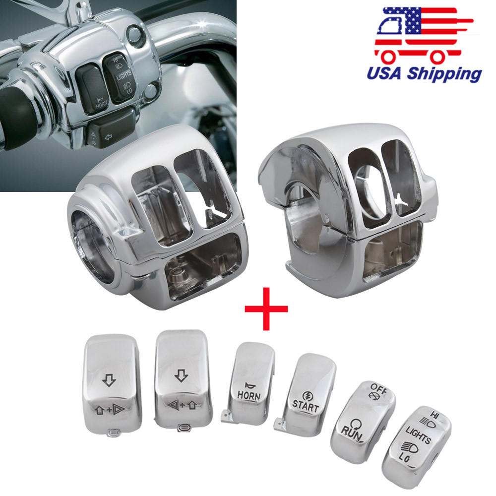 Chrome Handlebar Control Switch Housing Cover Buttons Cap Kit For Harley 1996-13