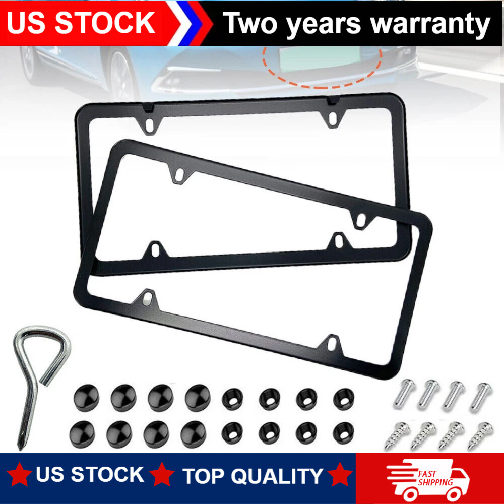 2x Black Stainless Steel Metal License Plate Frame Tag Cover With Screw Caps