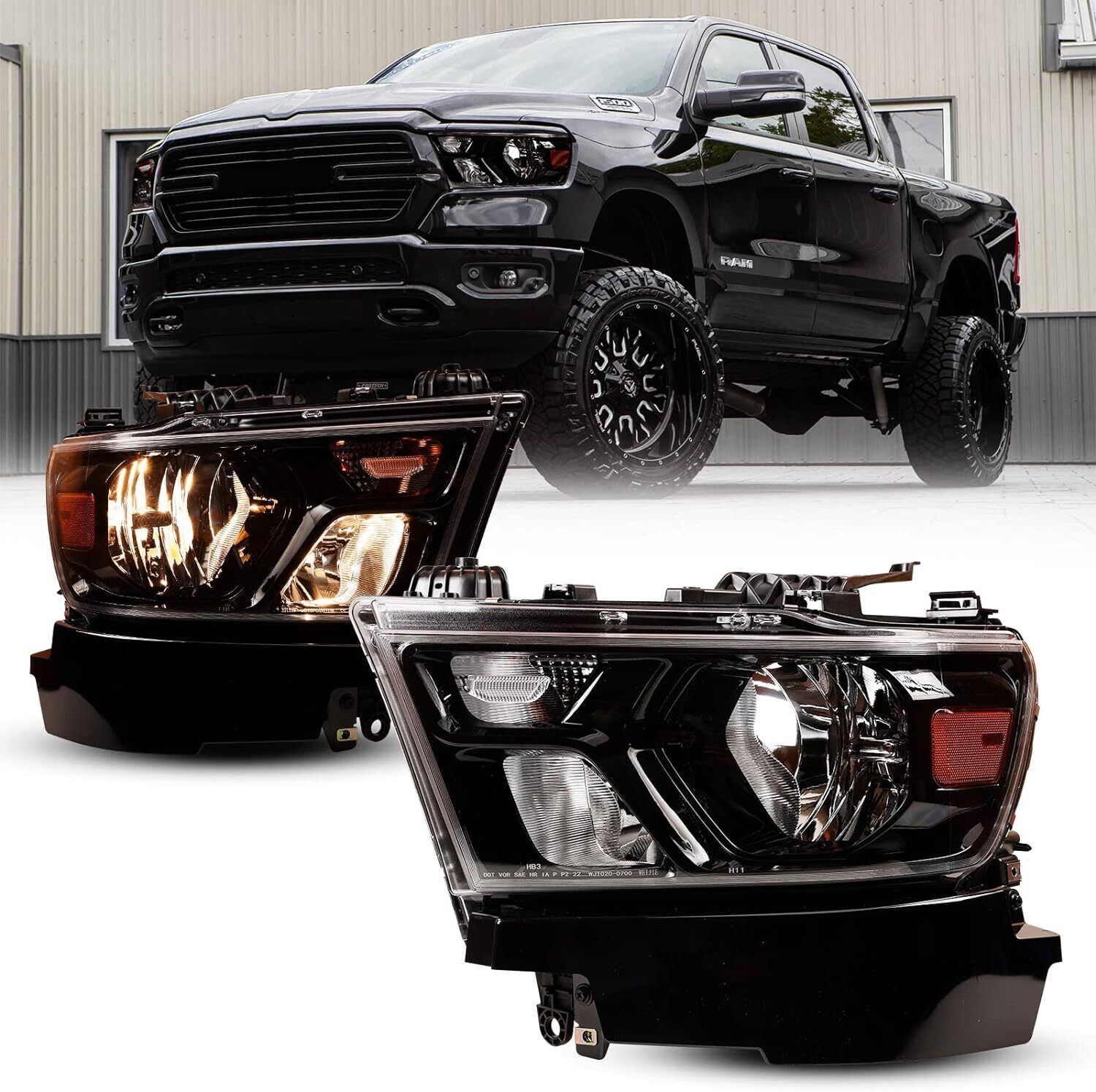 Black For 2019-2023 Dodge Ram 1500 Headlights Halogen Front Lamps Left+Right