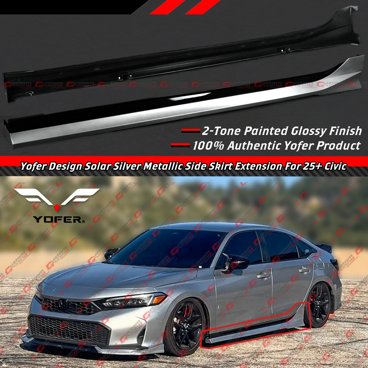 For 2025-26 Honda Civic Yofer V2 Solar Silver Black 2 Toned Side Skirt Extension For 2025-26 Honda Civic Yofer V2 Solar Silver Black 2 Toned Side Skirt Extension