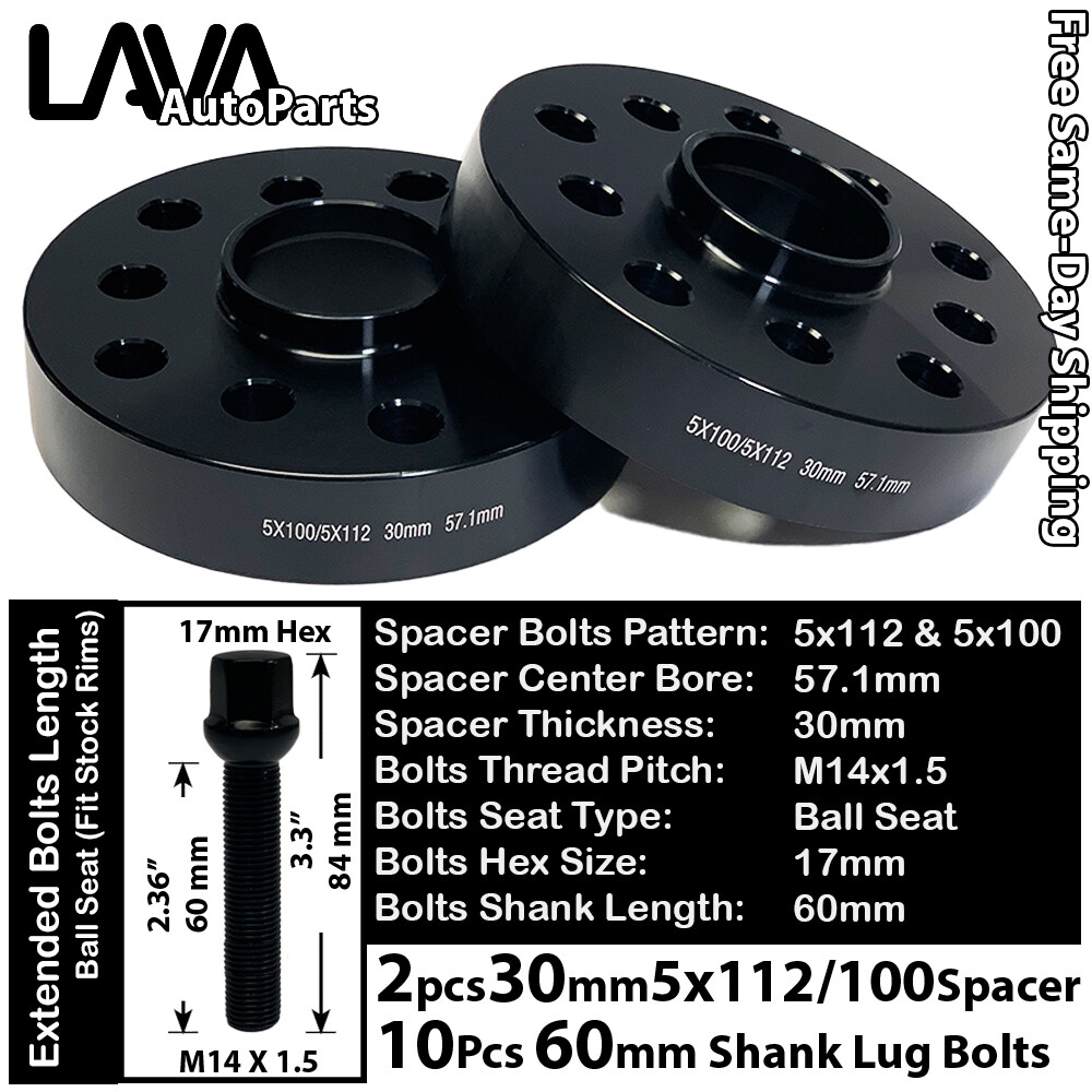 2PC 30MM THICK 5X112 & 5x100 57.1MM C.B WHEEL SPACER +14x1.5 BOLT FIT AUDI MODEL