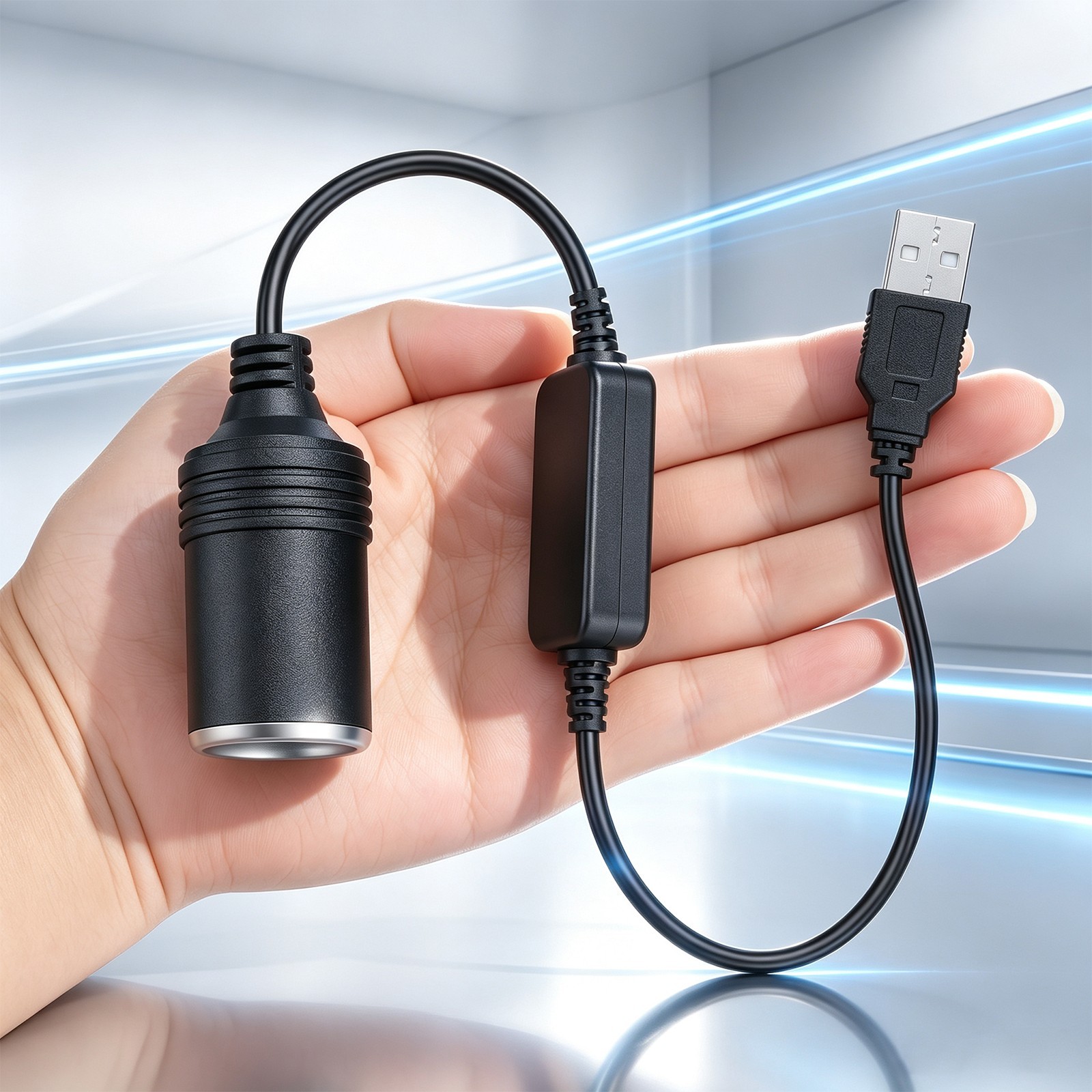 USB Male to 12V Cigarette Lighter Female Socket Adapter, Portable Power Supply