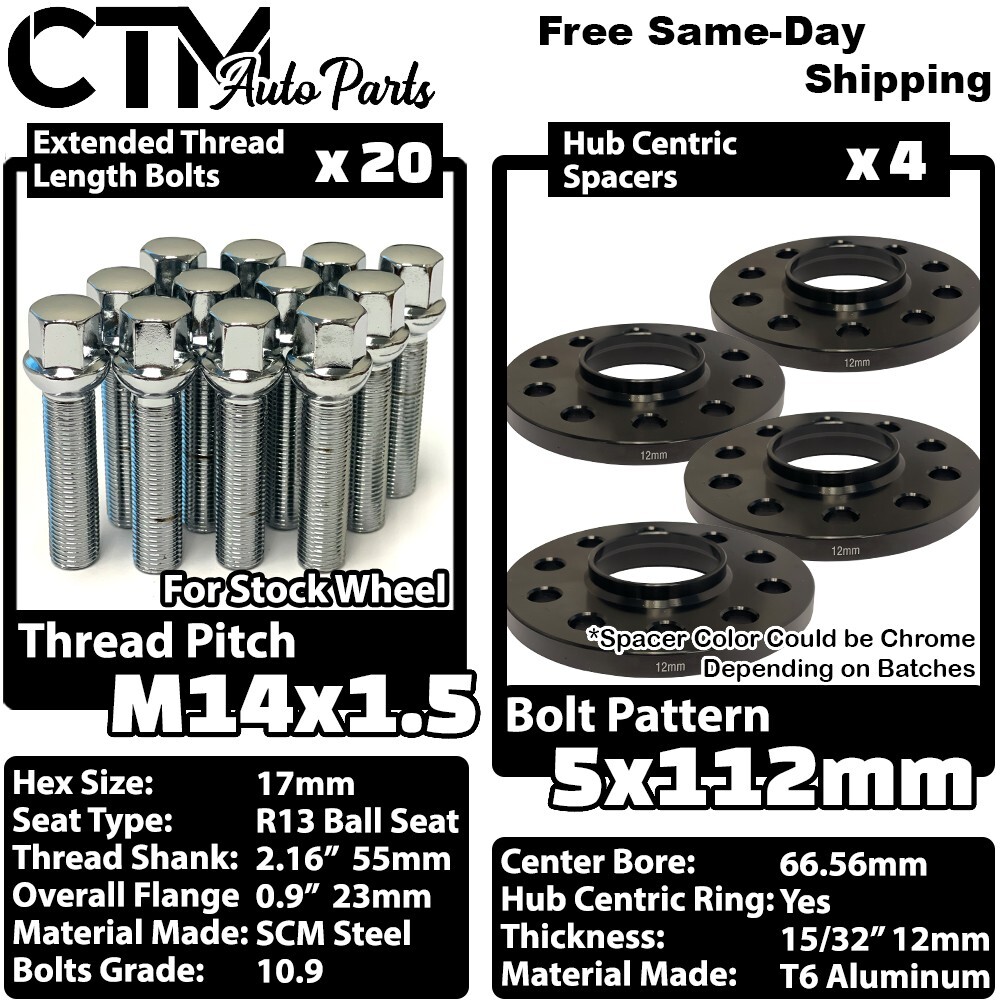 4x 12mm Thick 5x112 66.56mm CB Wheel Spacer Chrome Bolt Fit Mercedes Stock Wheel