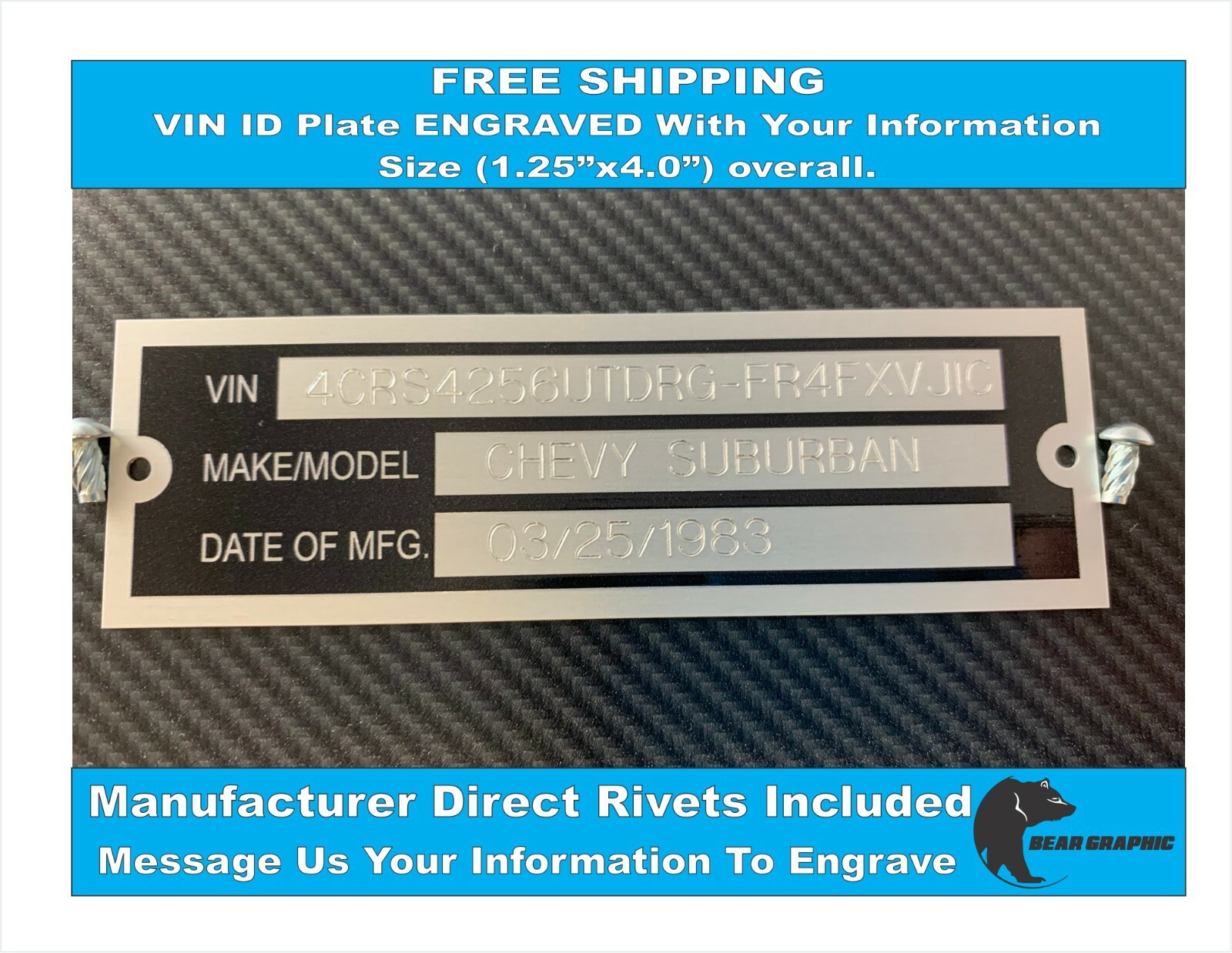 SERIAL NUMBER ID TAG PLATE DATA ENGRAVED WITH INFORMATION 