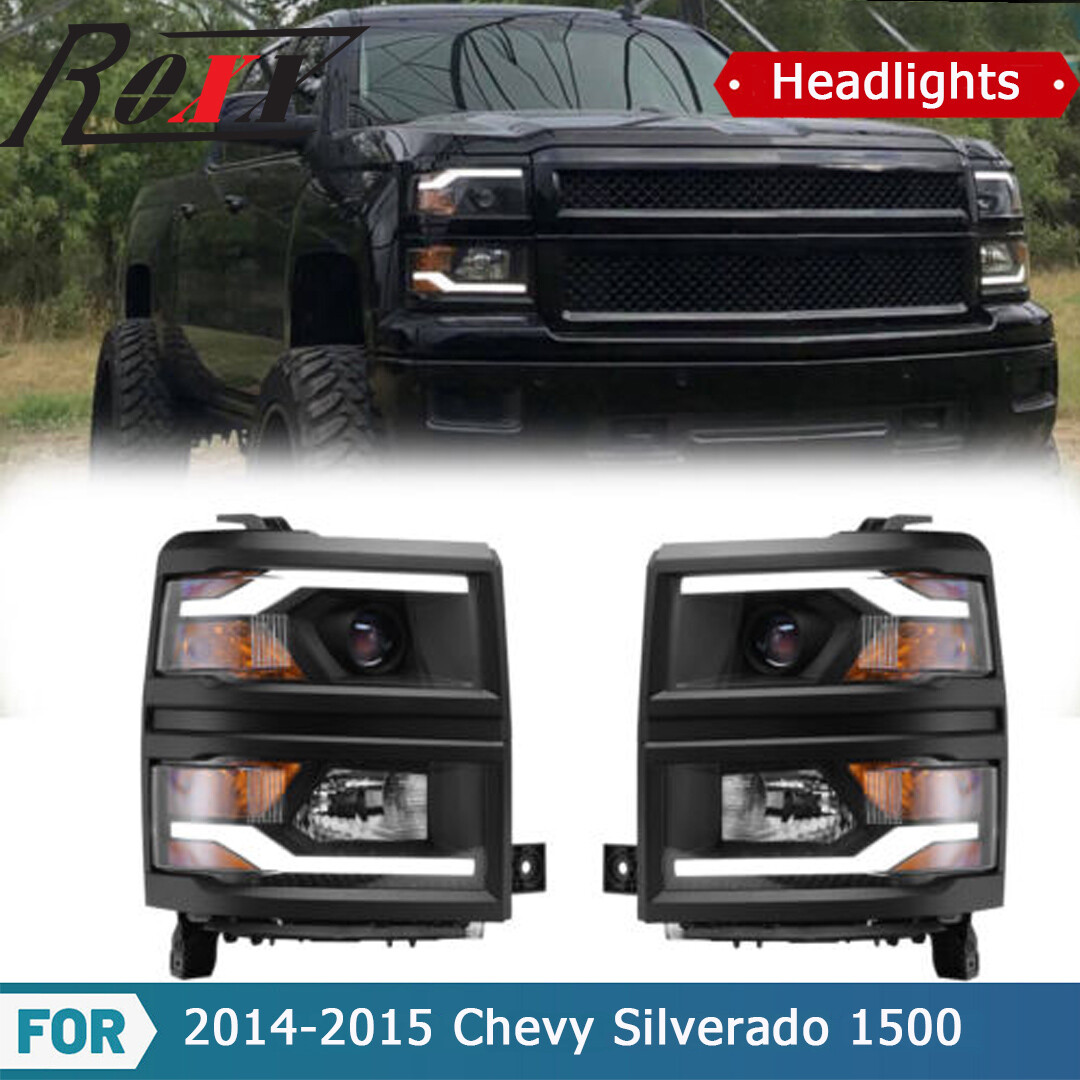 For 2014-2015 Chevy Silverado 1500 Headlights LED DRL Bar Projector Front Lamps