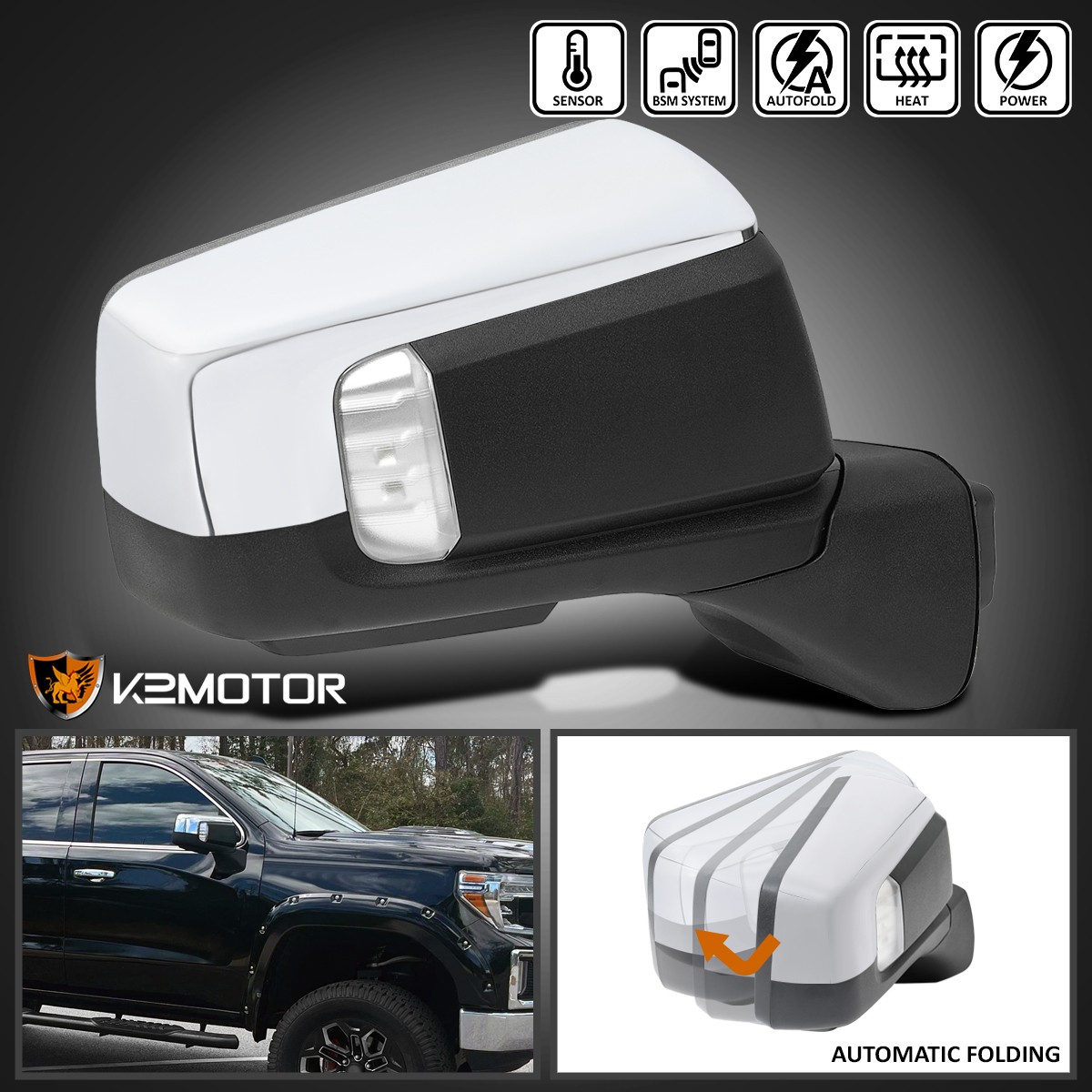 Right Side Fits 2019-2026 GMC Sierra 1500 Chrome Power Fold Mirror+Temp+BSD