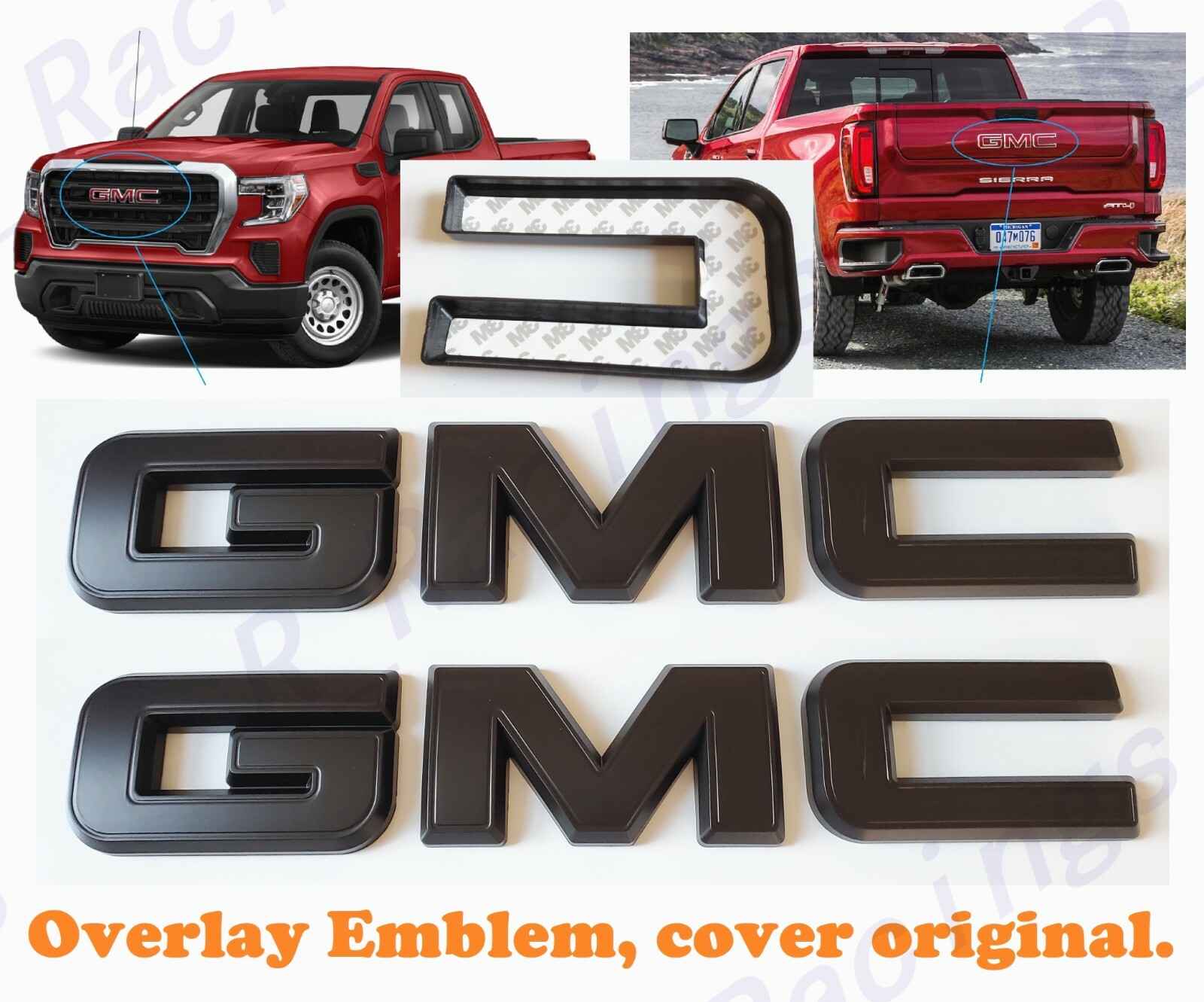 Front Rear Matte Black Emblem Overlay 2019-2026 GMC Sierra 1500 2500HD 3500HD