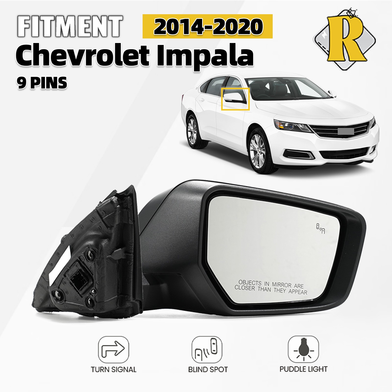 For Chevy Impala 2014-2020 Right Side Mirror W/ BSD W/ Turn Signal Black 9 Pins