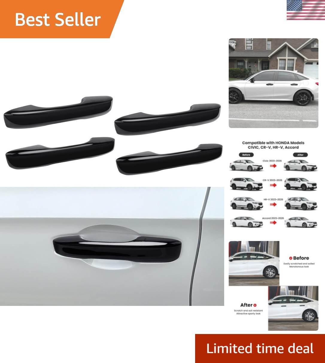Ergonomic Gloss Black Door Handle Covers Set for Honda HR-V, CR-V 2023-2026
