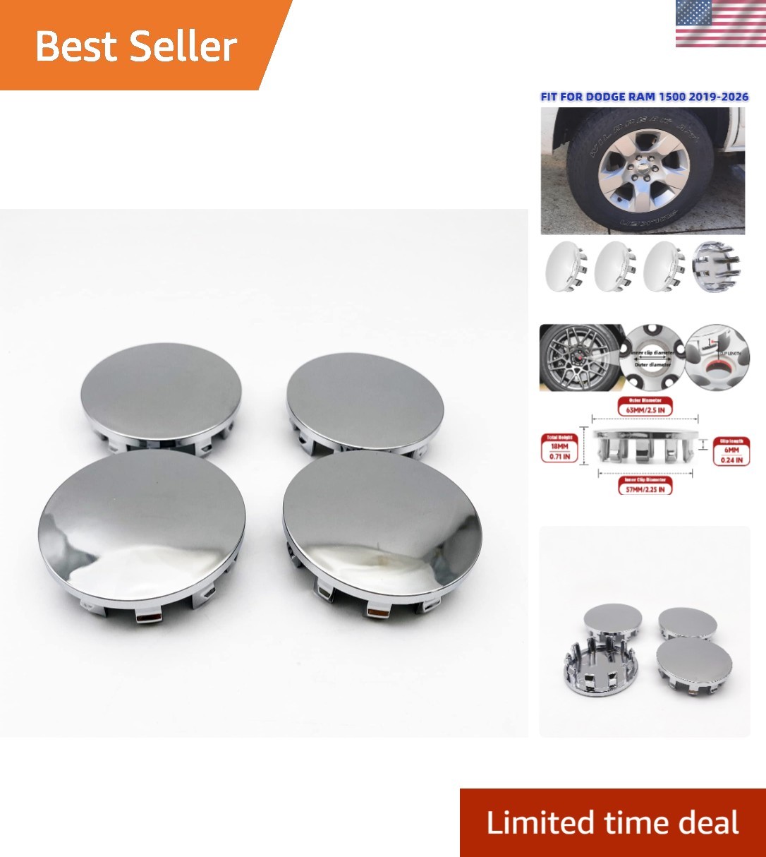 Aftermarket 63mm Chrome Center Caps for Dodge Ram 2019-2026 - 4PCS Replacement
