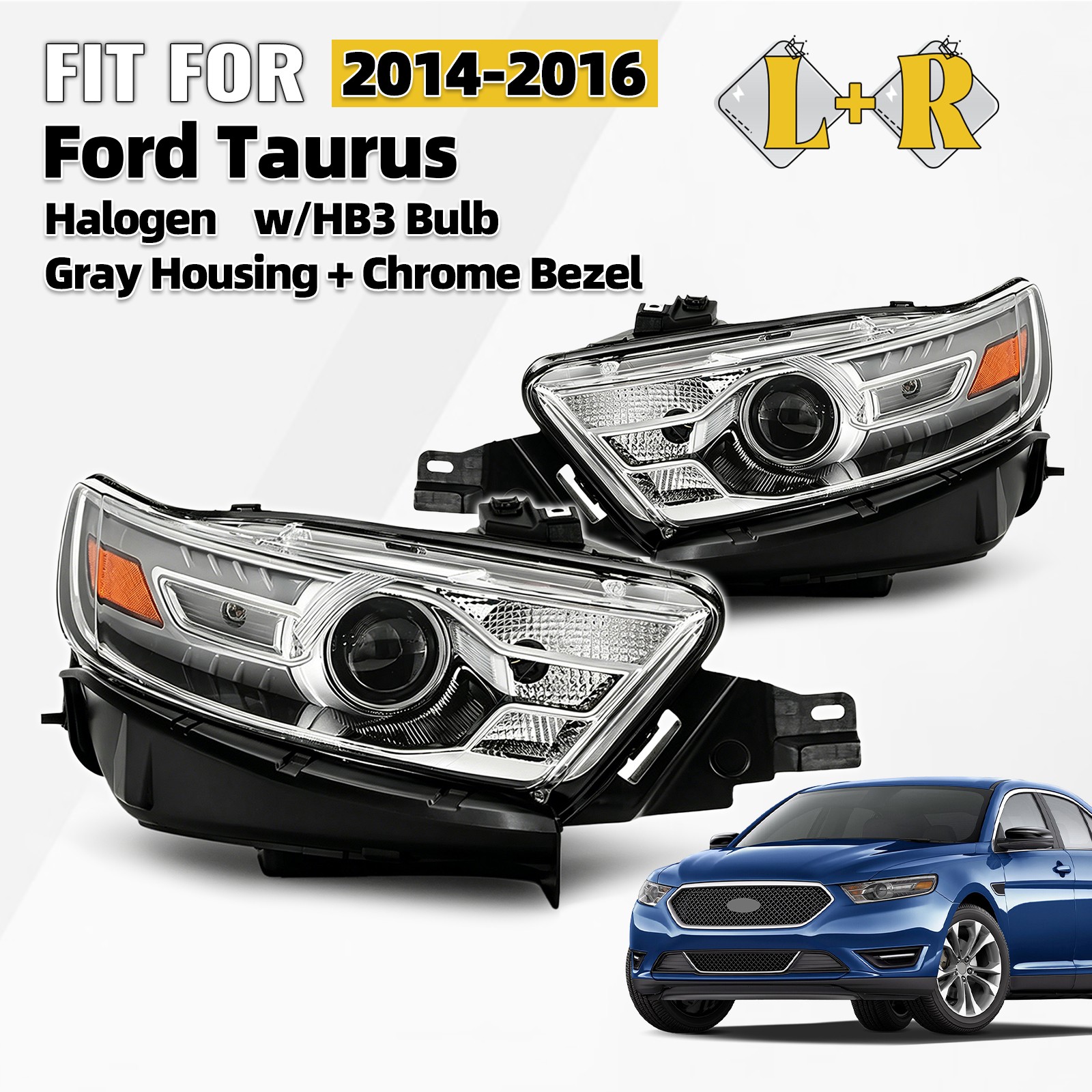 For 2014-2016 Ford Taurus Halogen Headlight w/HB3 Bulb Gray Housing Left+Right For 2014-2016 Ford Taurus Halogen Headlight w/HB3 Bulb Gray Housing Left+Right