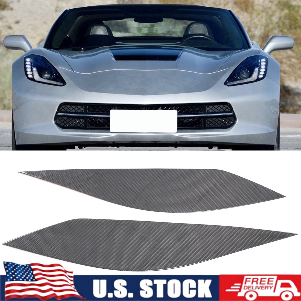 2PCS Real Carbon Fiber Headlight Eyebrow Trim Fits For Corvette C7 2014-2019 US