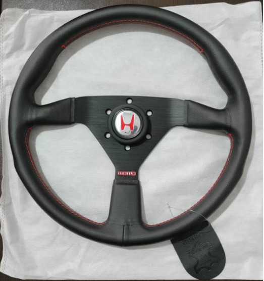 Honda H Red logo horn Leather Drift Sport Steering Wheel For 14inch Black line