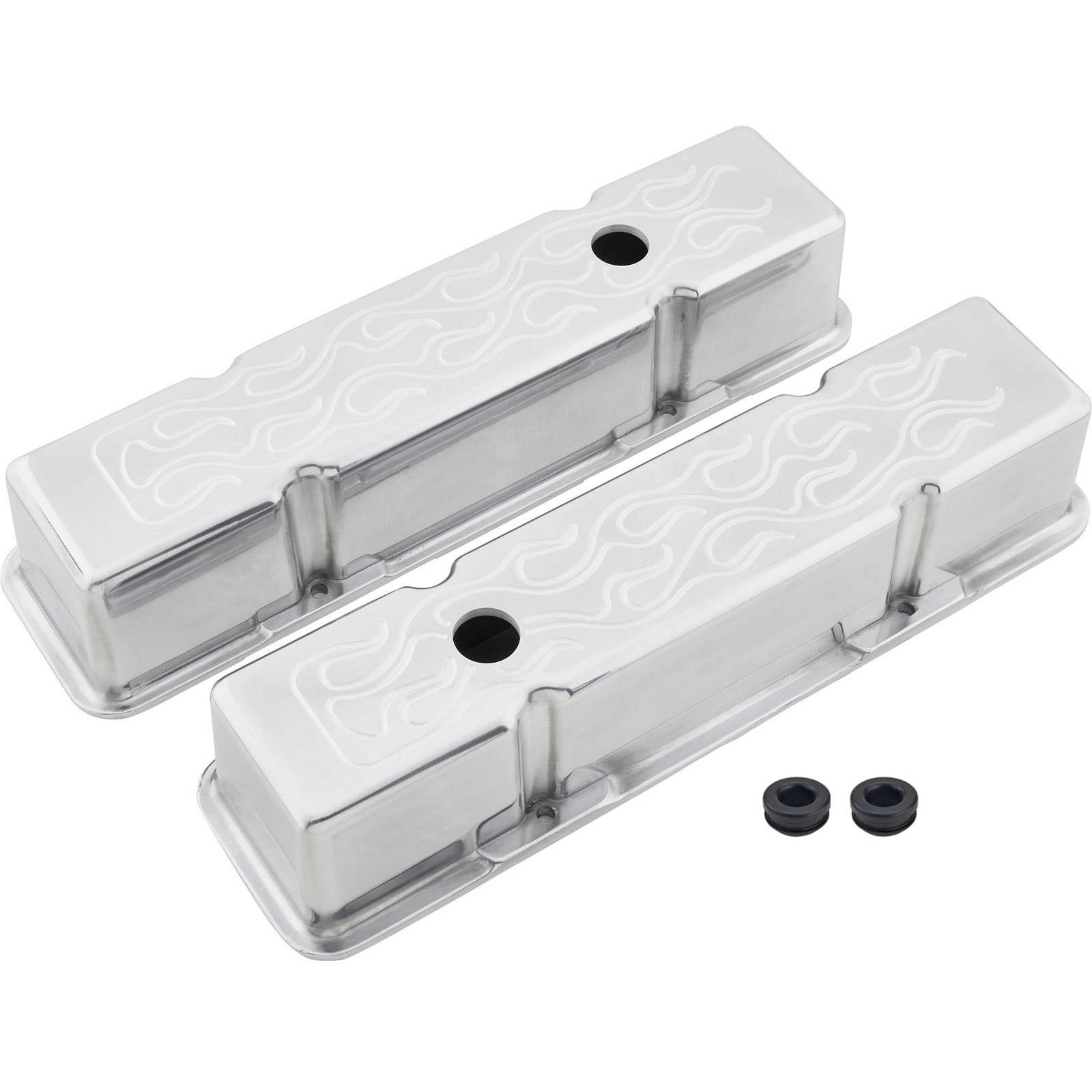 Tall Flame Milled Valve Covers and Grommets, Fits 1960-86 Chevy
