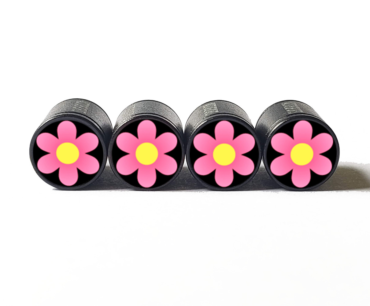 Pink and Yellow Flower Tire Valve Caps - Black Aluminum - Set of 4 - Universal