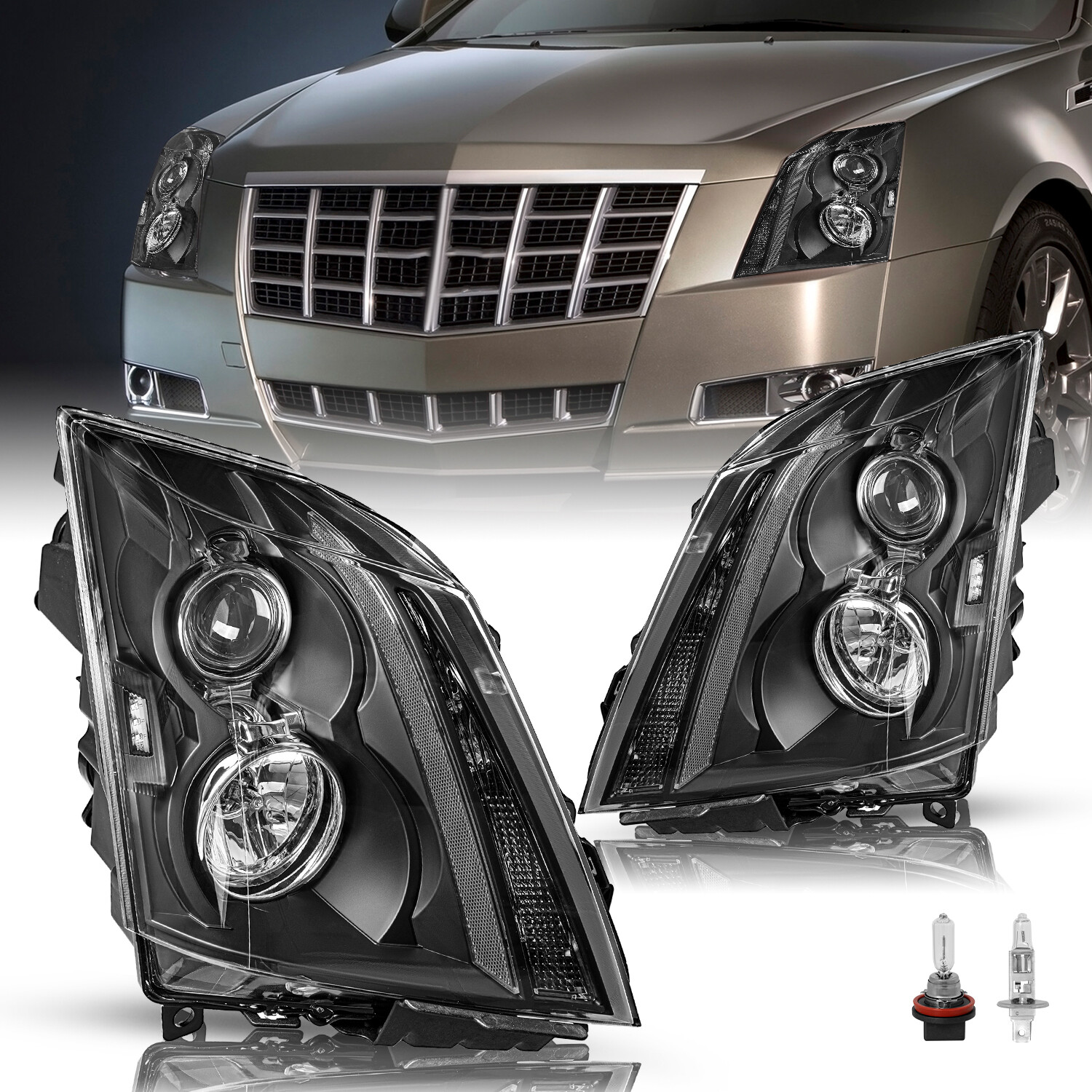 [Halogen Type] Black Headlights For 2008-2014 Cadillac CTS CT-S LH+RH w/Bulbs