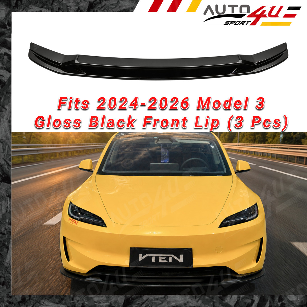 Gloss Black 1 Piece Front Bumper Lip Splitter Fits Tesla Model 3 2024-2026 VTEN