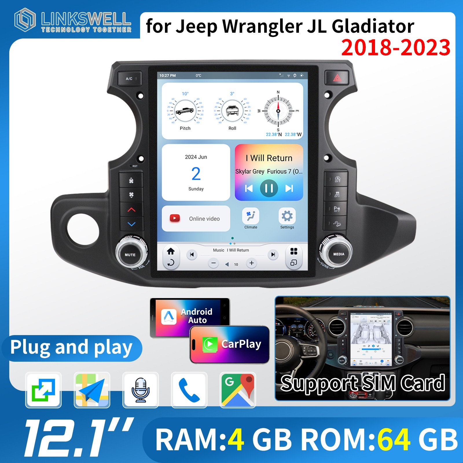 LINKSWELL GEN 6 Radio Stereo For Jeep Wrangler JL Gladiator JT 2018-2023 T-Style LINKSWELL GEN 6 Radio Stereo For Jeep Wrangler JL Gladiator JT 2018-2023 T-Style