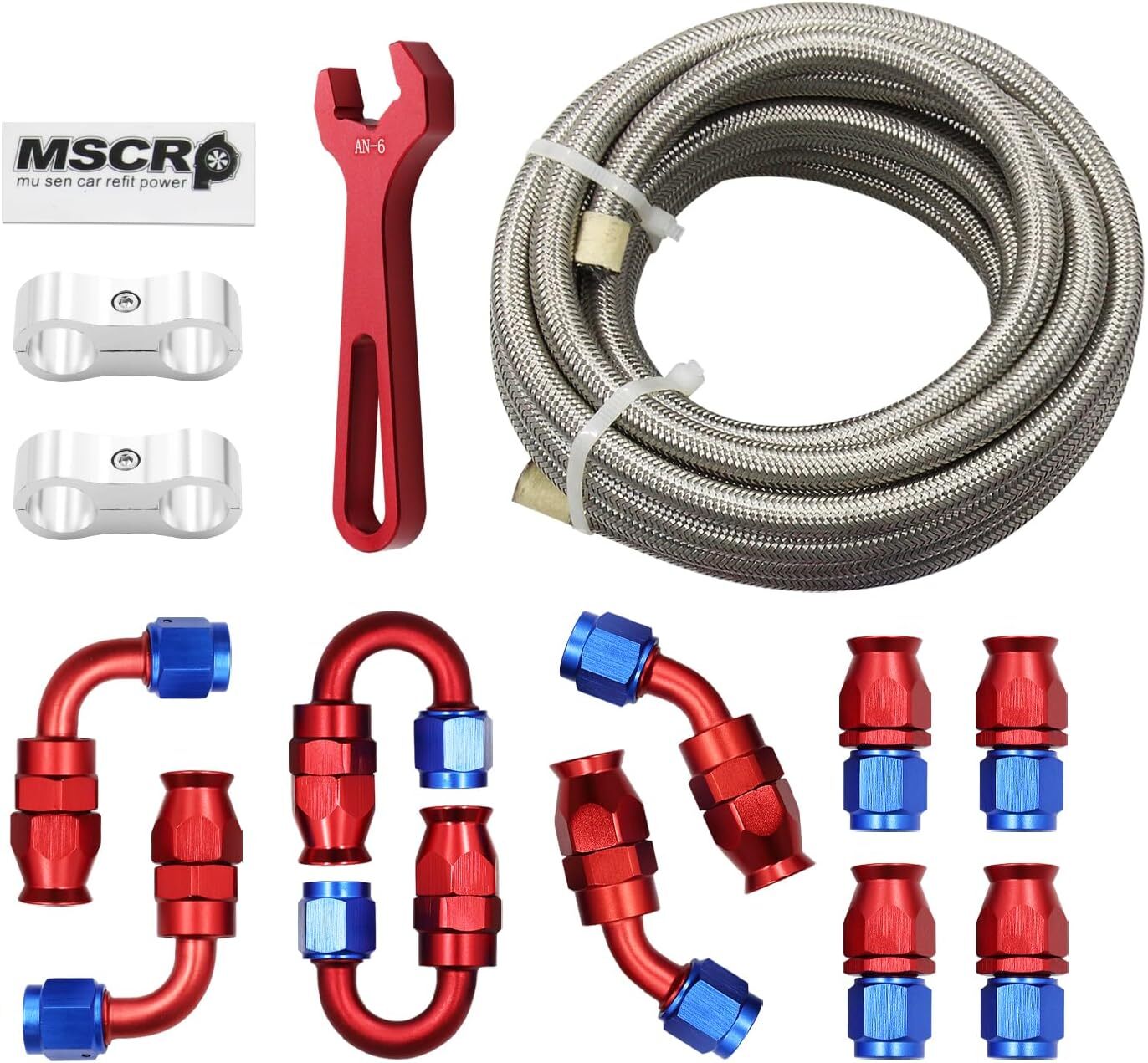 Red Pro AN6 20FT PTFE Fuel Line Hose Kit Stainless Steel Braided 3/8