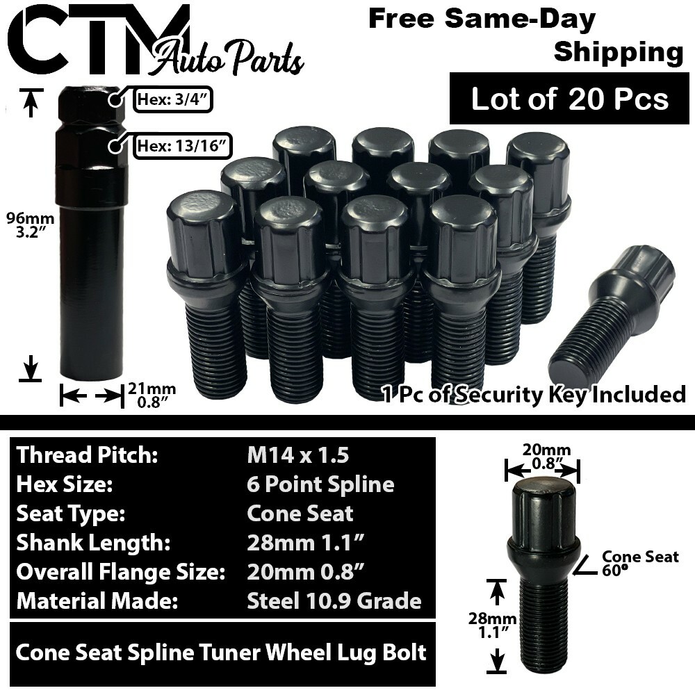 20x Black 14x1.5 Spline Tuner Lug Bolts 28mm Shank Volkswagen Aftermarket Wheel