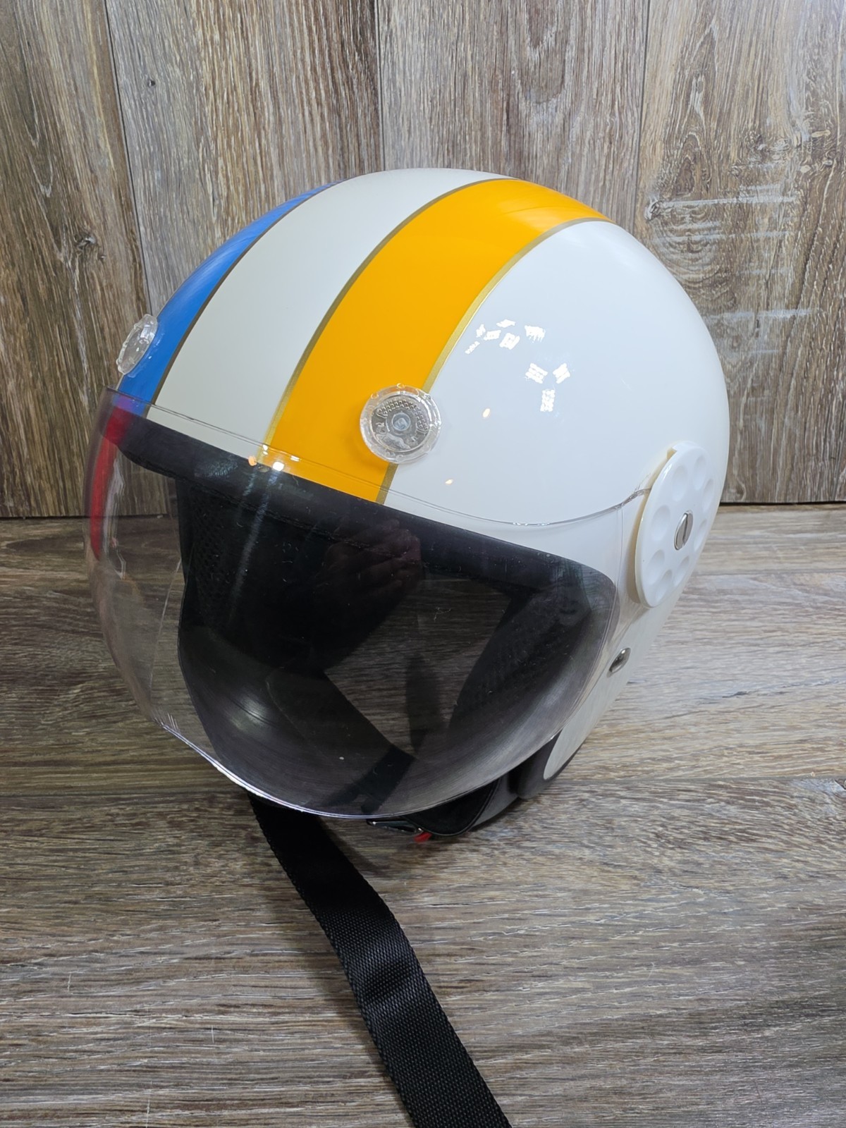 Vintage HCI Dot Fiberglass Blue Yellow Stripe Motorcycle Scooter Helmet Vintage HCI Dot Fiberglass Blue Yellow Stripe Motorcycle Scooter Helmet