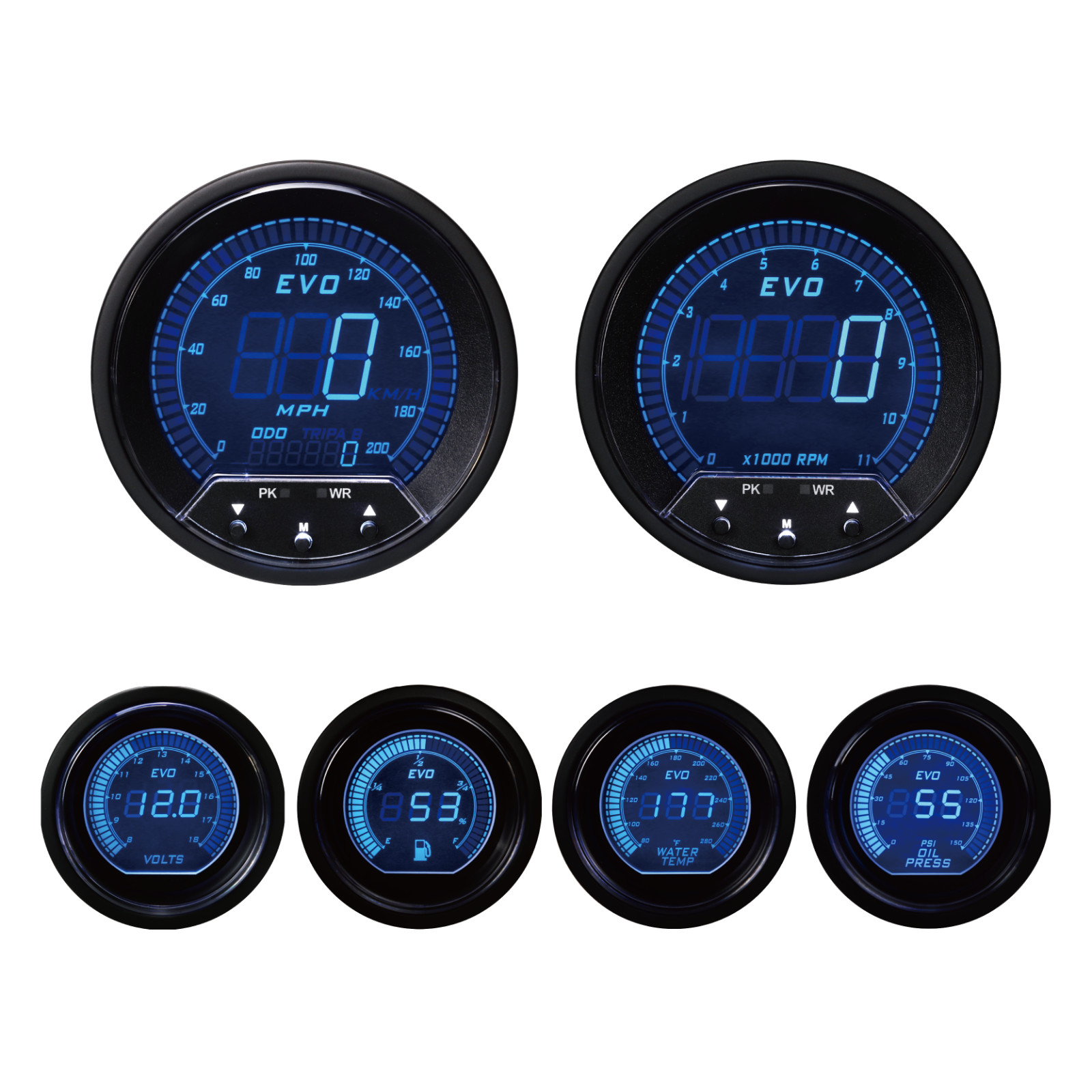 EVO Digital 6 Gauge Set GPS Speedometer Blue & Red LCD MPH °F PSI 85mm & 52mm EVO Digital 6 Gauge Set GPS Speedometer Blue & Red LCD MPH °F PSI 85mm & 52mm