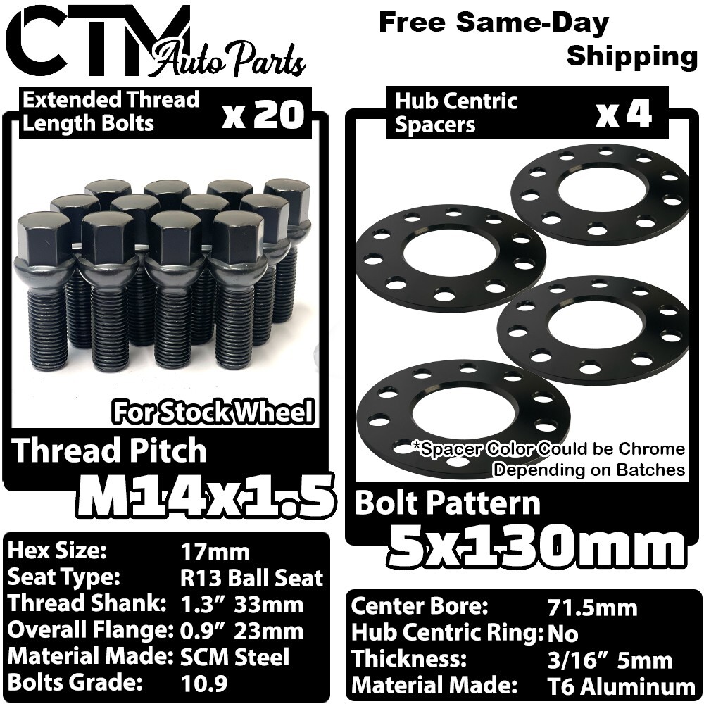 4x 5mm Thick 5x130 71.5mm C.B Wheel Spacer 14x1.5 Black Ball Bolt Porsche &More