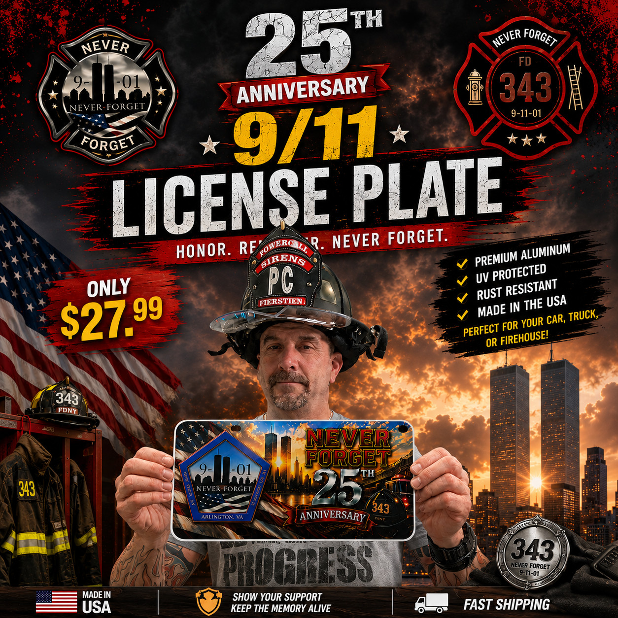9/11 25TH ANNIVERSARY – NEVER FORGET MEMORIAL LICENSE PLATE New York Pentagon