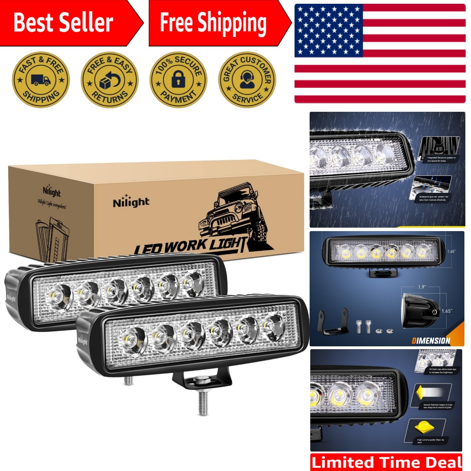 Nilight 2PCS 18W LED Driving Lights - Waterproof Off-Road Pods - White 6000K Nilight 2PCS 18W LED Driving Lights - Waterproof Off-Road Pods - White 6000K
