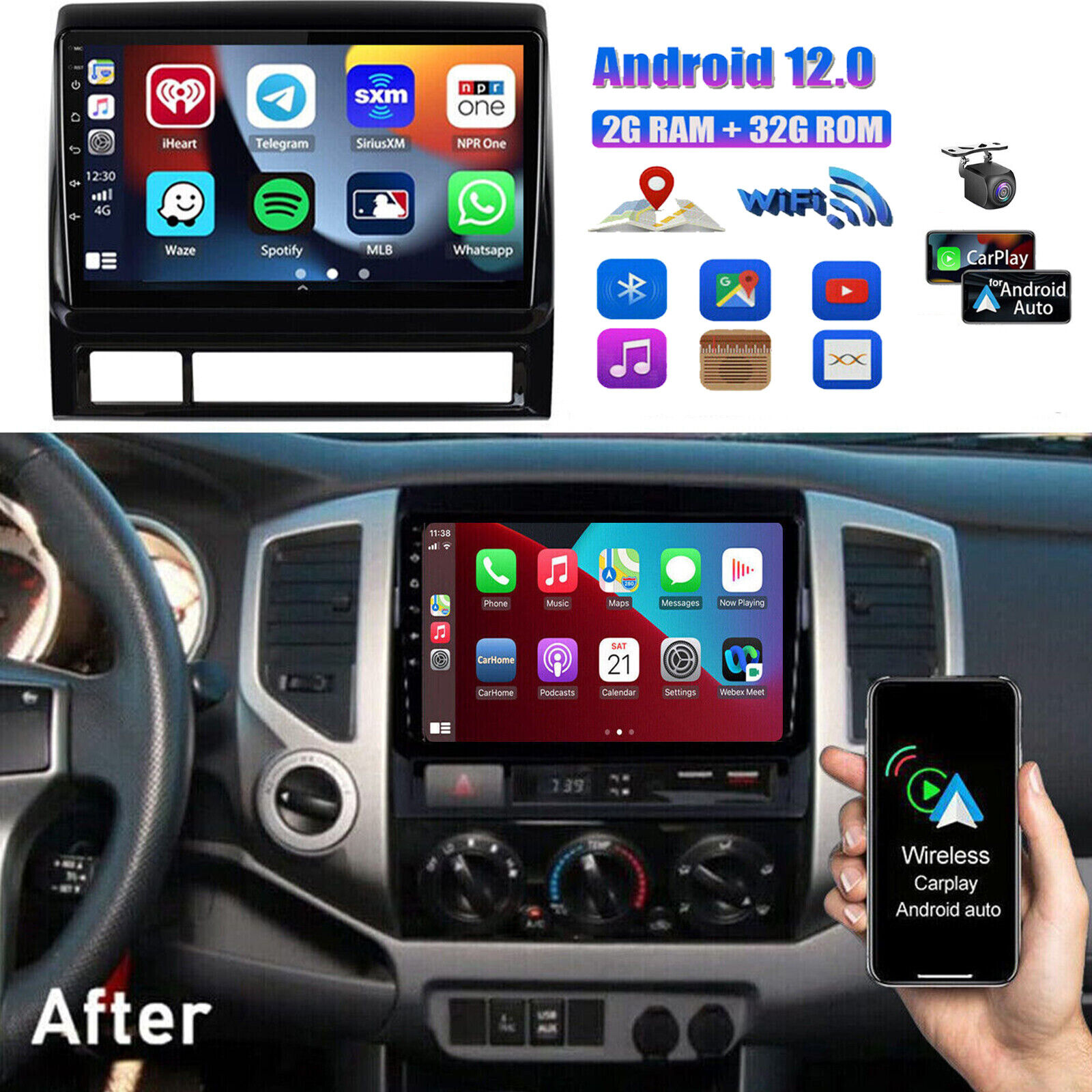 For Toyota Tacoma 2005-2013 Android 12 Apple Carplay Car Radio Stereo GPS WIFI