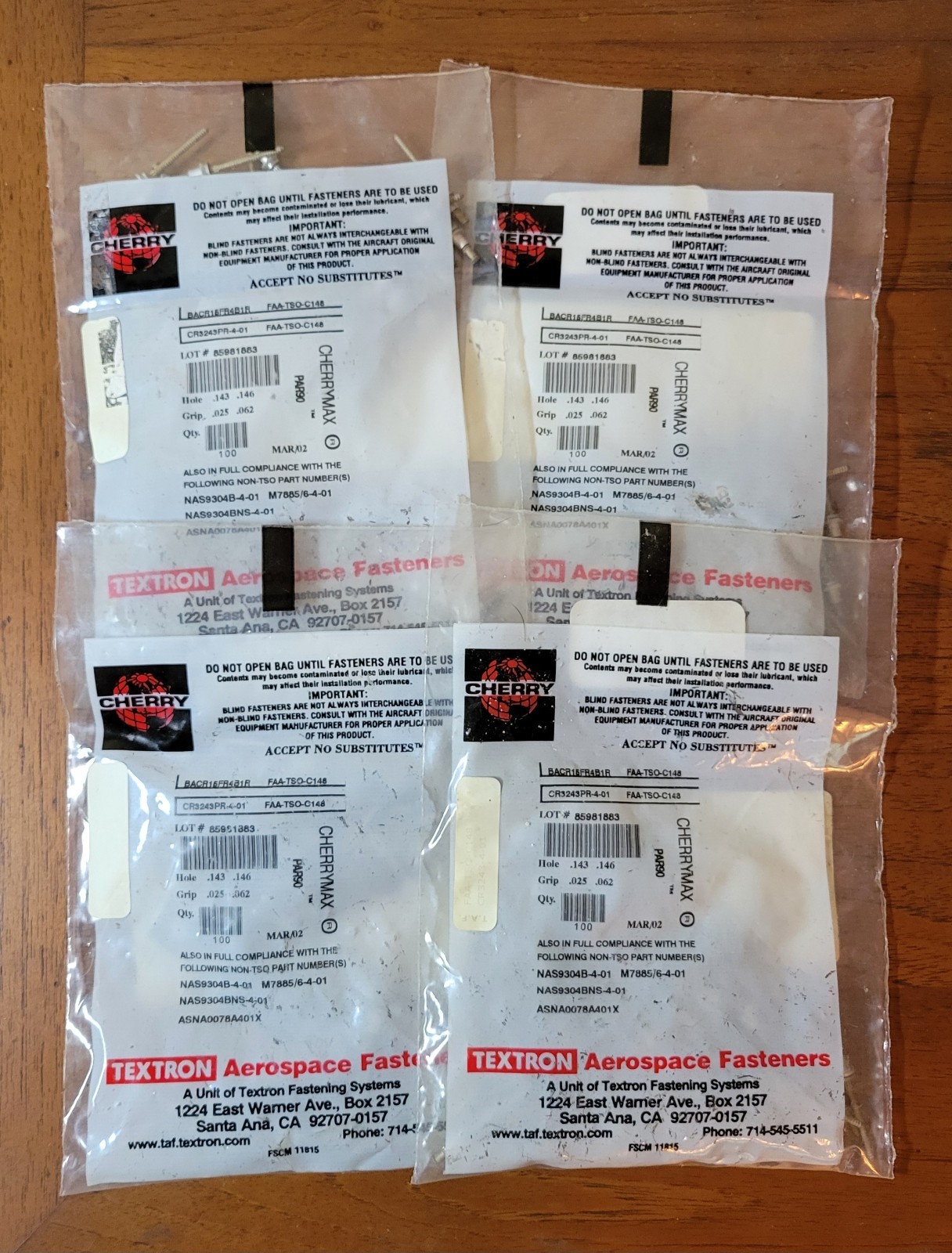 Cherrymax Cherry CR3243-4-01 (QTY 400) 4 bags of 100, Rivet Aerospace Aviation Cherrymax Cherry CR3243-4-01 (QTY 400) 4 bags of 100, Rivet Aerospace Aviation