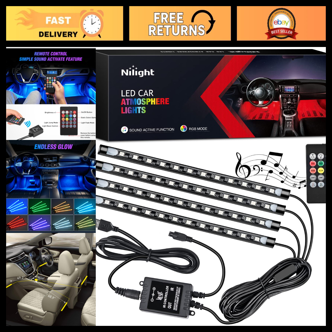 4PCS 48LED RGB Car USB Interior Neon Accent Lights with Remote Control 4PCS 48LED RGB Car USB Interior Neon Accent Lights with Remote Control