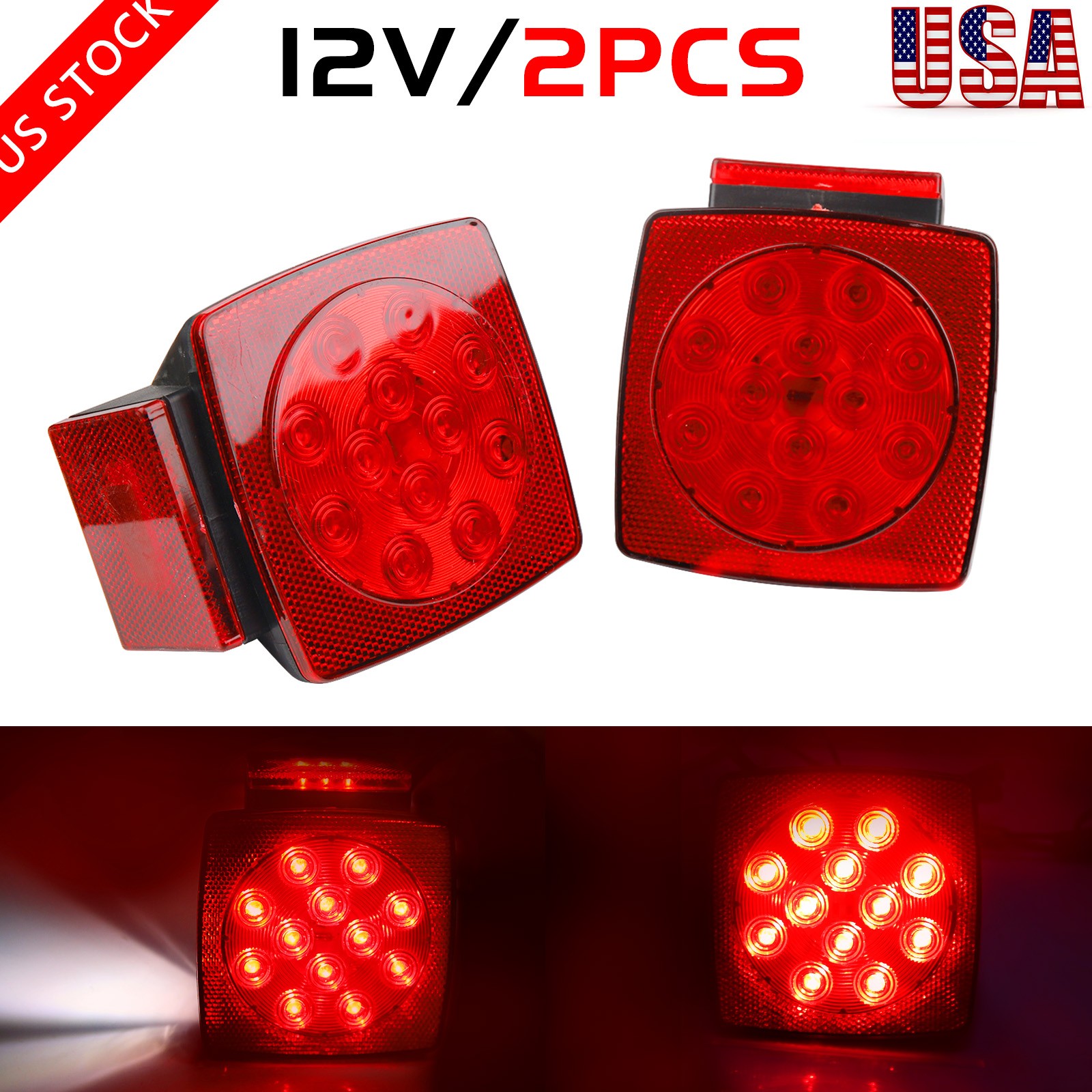 1 Pair Rear LED Submersible Square Trailer Tail Lights Kit Boat Truck Waterproof