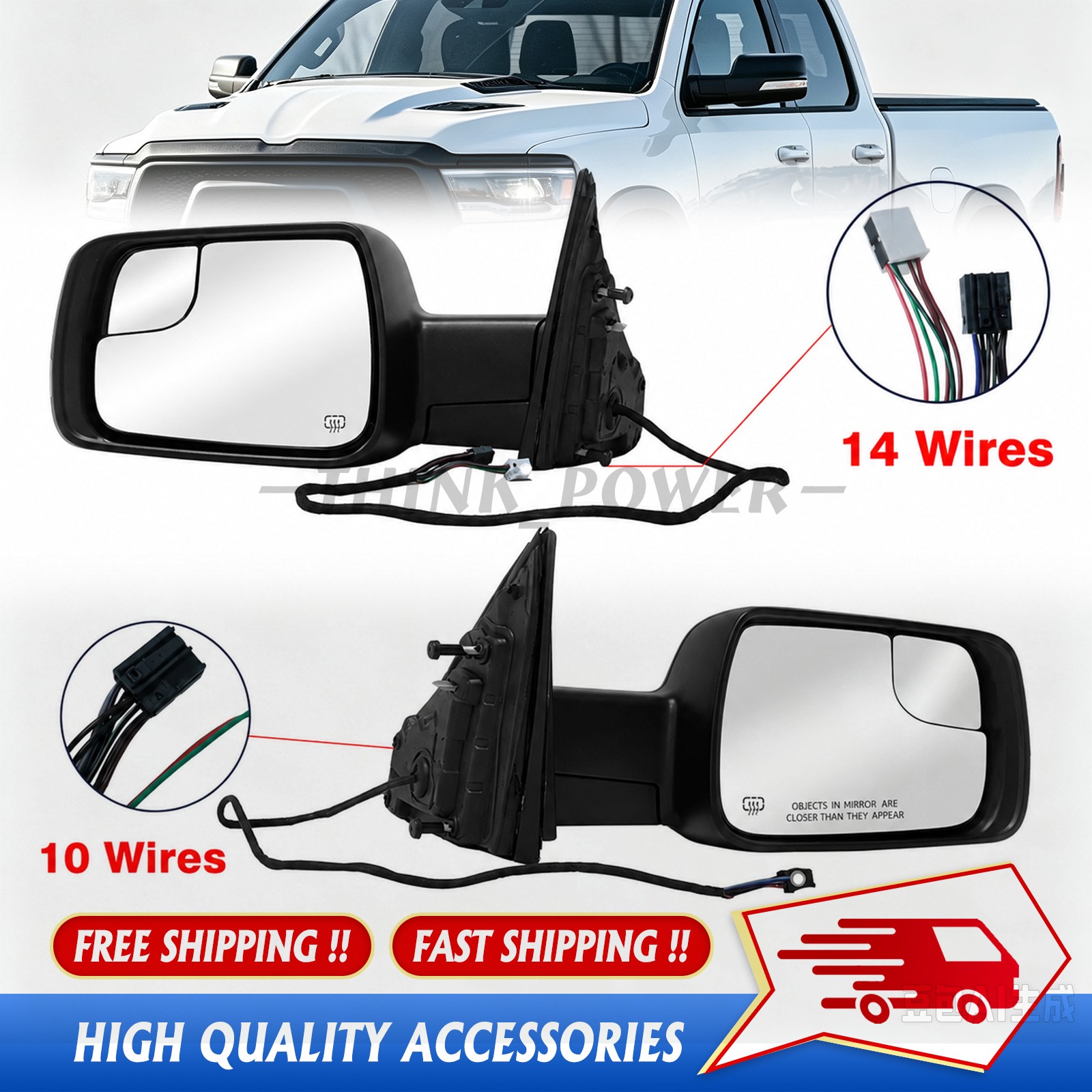 Pair Driver Passenger Side Mirrors w/ Heated Turn Signal For 2019-2024 Ram 1500