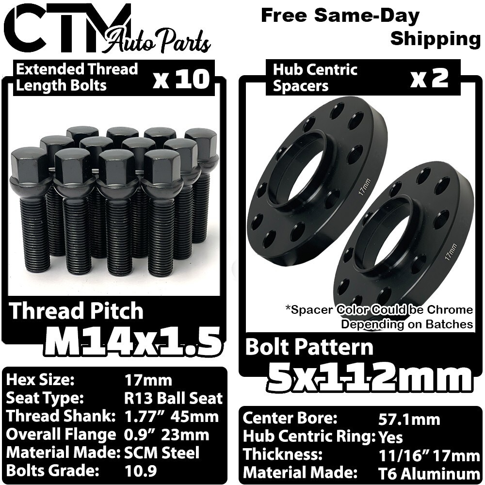 2x 17mm Thick 5x112 57.1mm CB Wheel Spacer Black Bolt Audi McLaren Stock Wheels