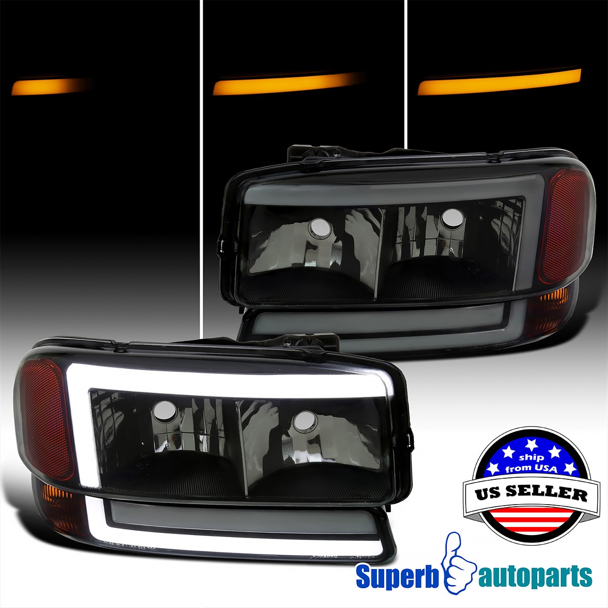 Fit 1999-2006 GMC Sierra Yukon XL Smoke Headlight LED bar Sequential Turn signal Fit 1999-2006 GMC Sierra Yukon XL Smoke Headlight LED bar Sequential Turn signal