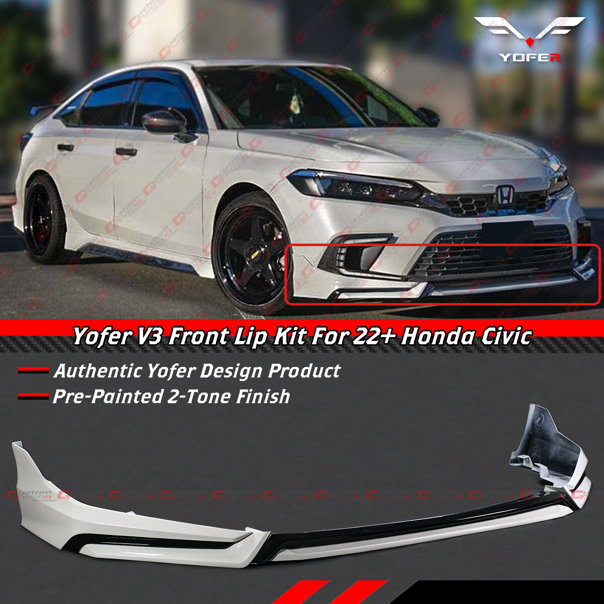 For 2022-2024 Honda Civic Yofer V3 Blk Pearl White Front Bumper Lip Splitter Kit