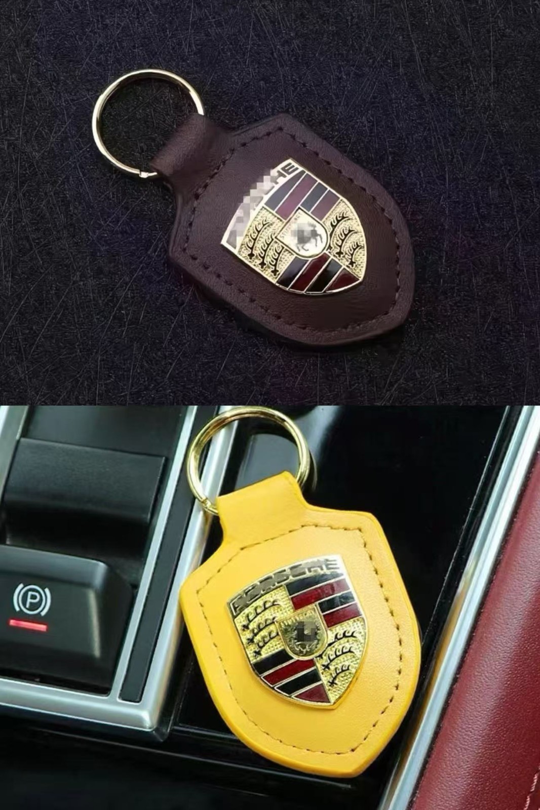 2X Porsche Crest Leather Keyring Keychain Fob - yellow brown Brand New 2X Porsche Crest Leather Keyring Keychain Fob - yellow brown Brand New
