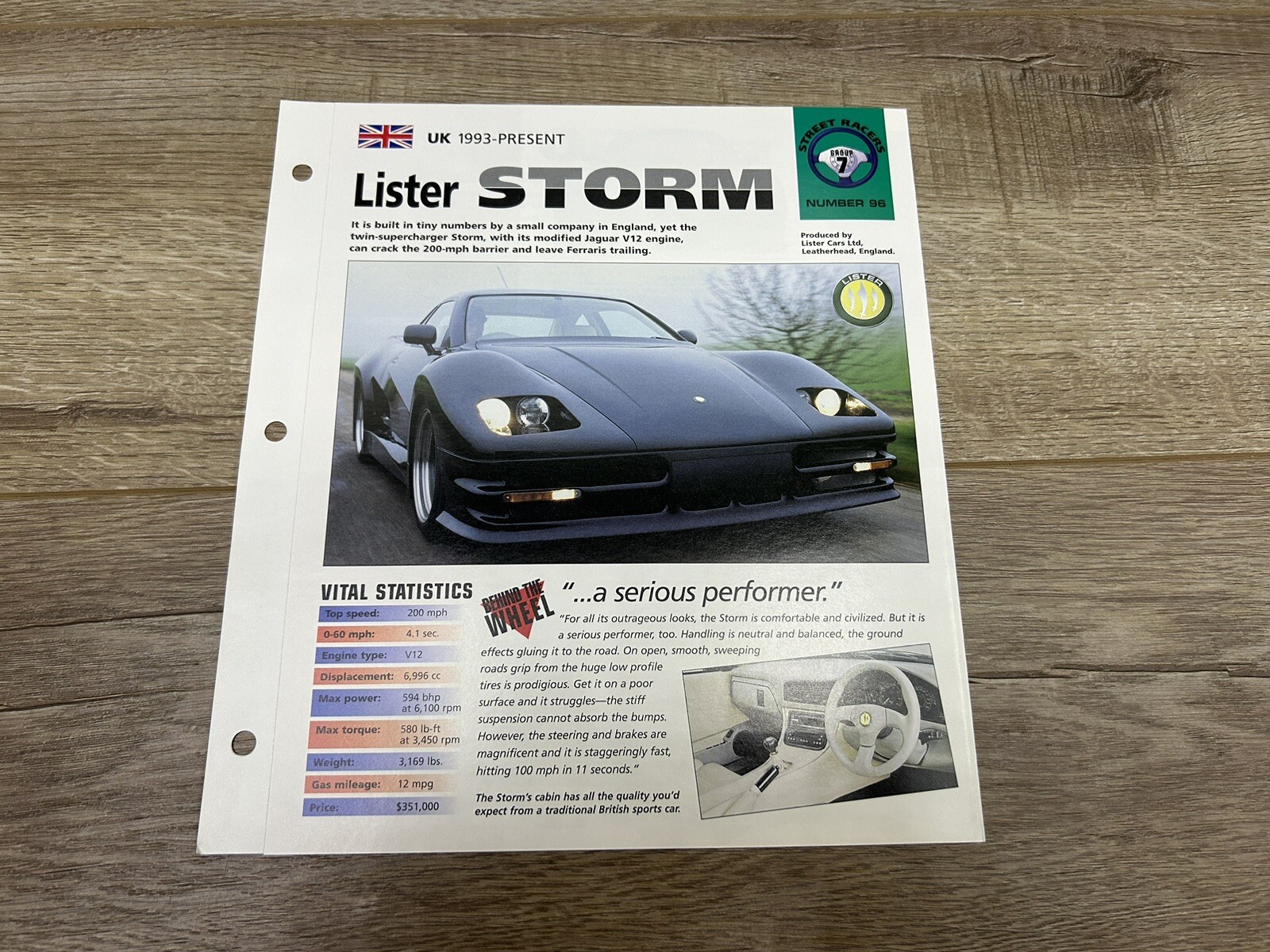 Hot Cars Street Racers 1993 Lister Storm #96 Folder Brochure Spec Sheet Hot Cars Street Racers 1993 Lister Storm #96 Folder Brochure Spec Sheet